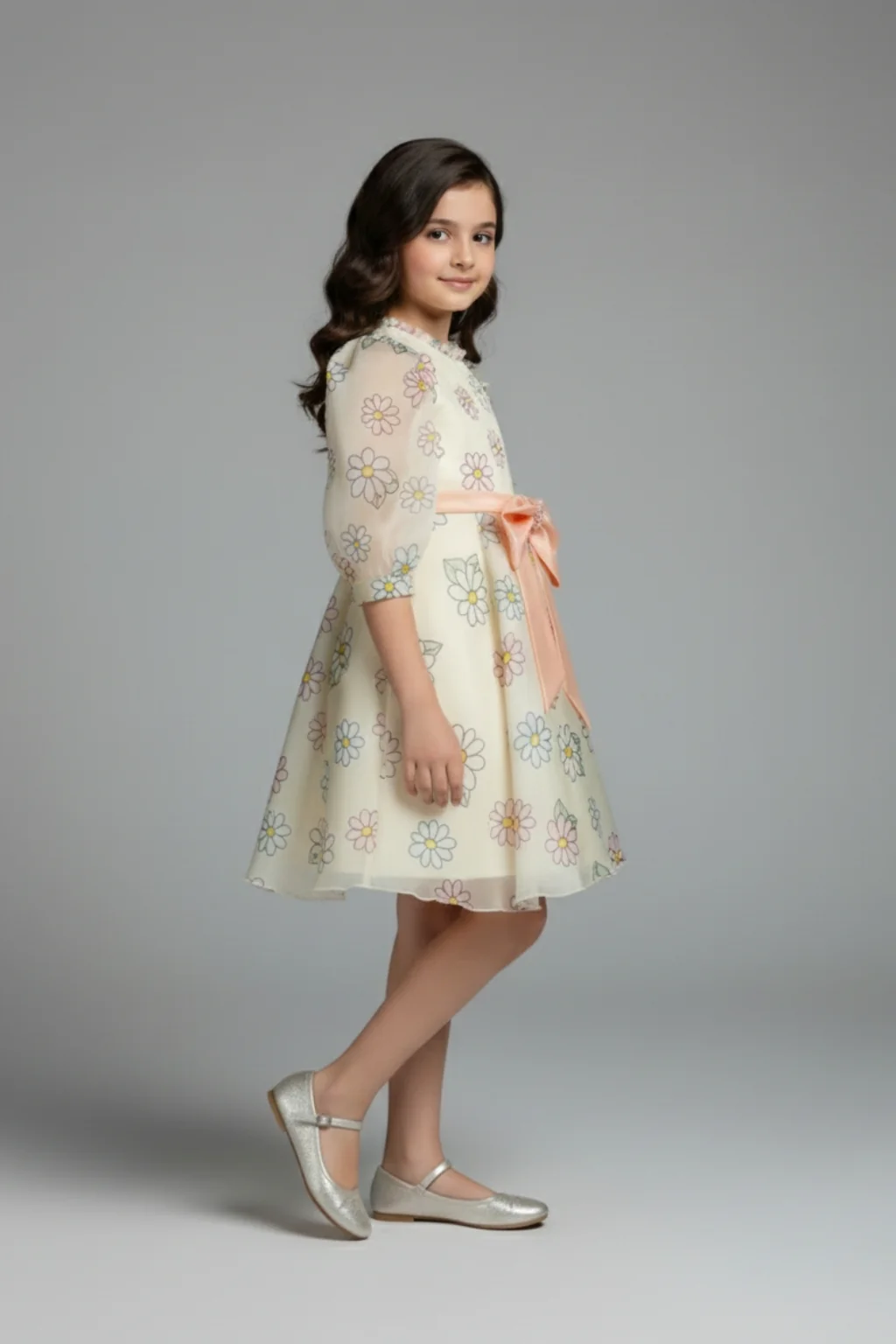 Girls Floral Organza Dress with Peach Bow F675 - Image 5