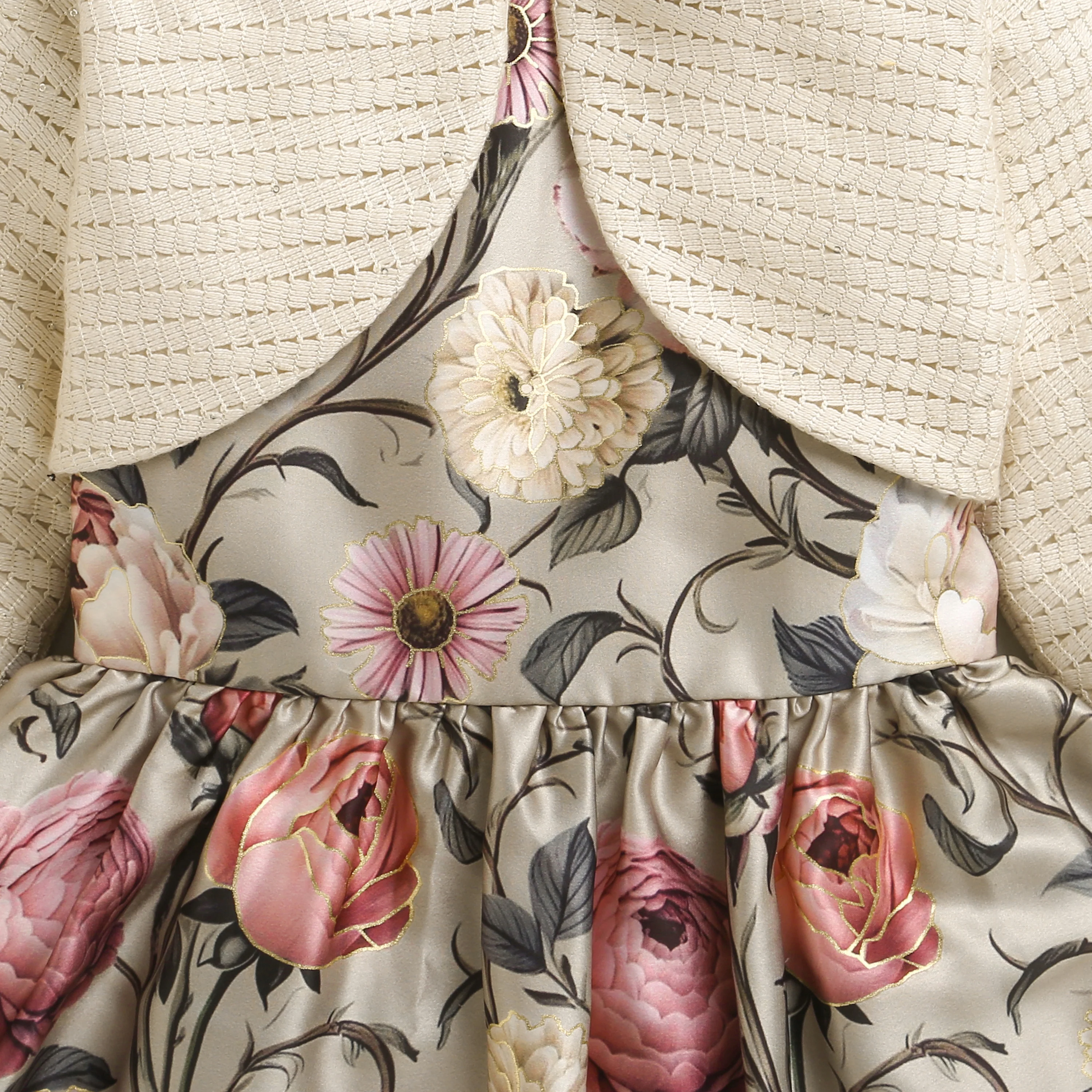 Girls Floral Satin Frock with Cream Knit Shrug TSF10098 - Image 15