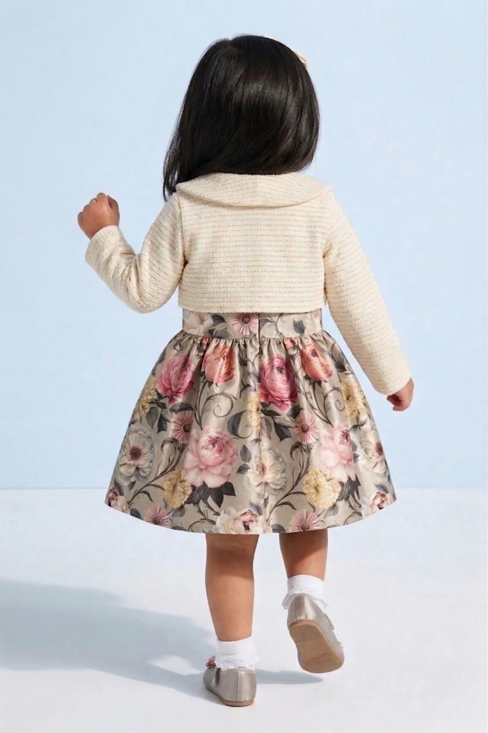 Girls Floral Satin Frock with Cream Knit Shrug TSF10098 - Image 2