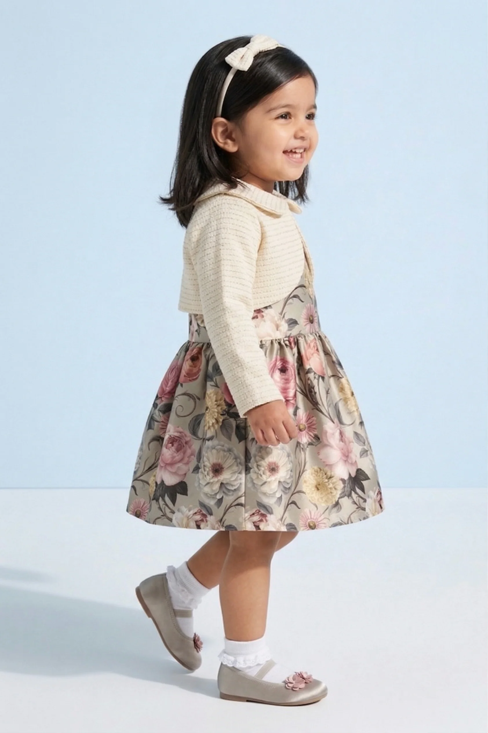 Girls Floral Satin Frock with Cream Knit Shrug TSF10098 - Image 3