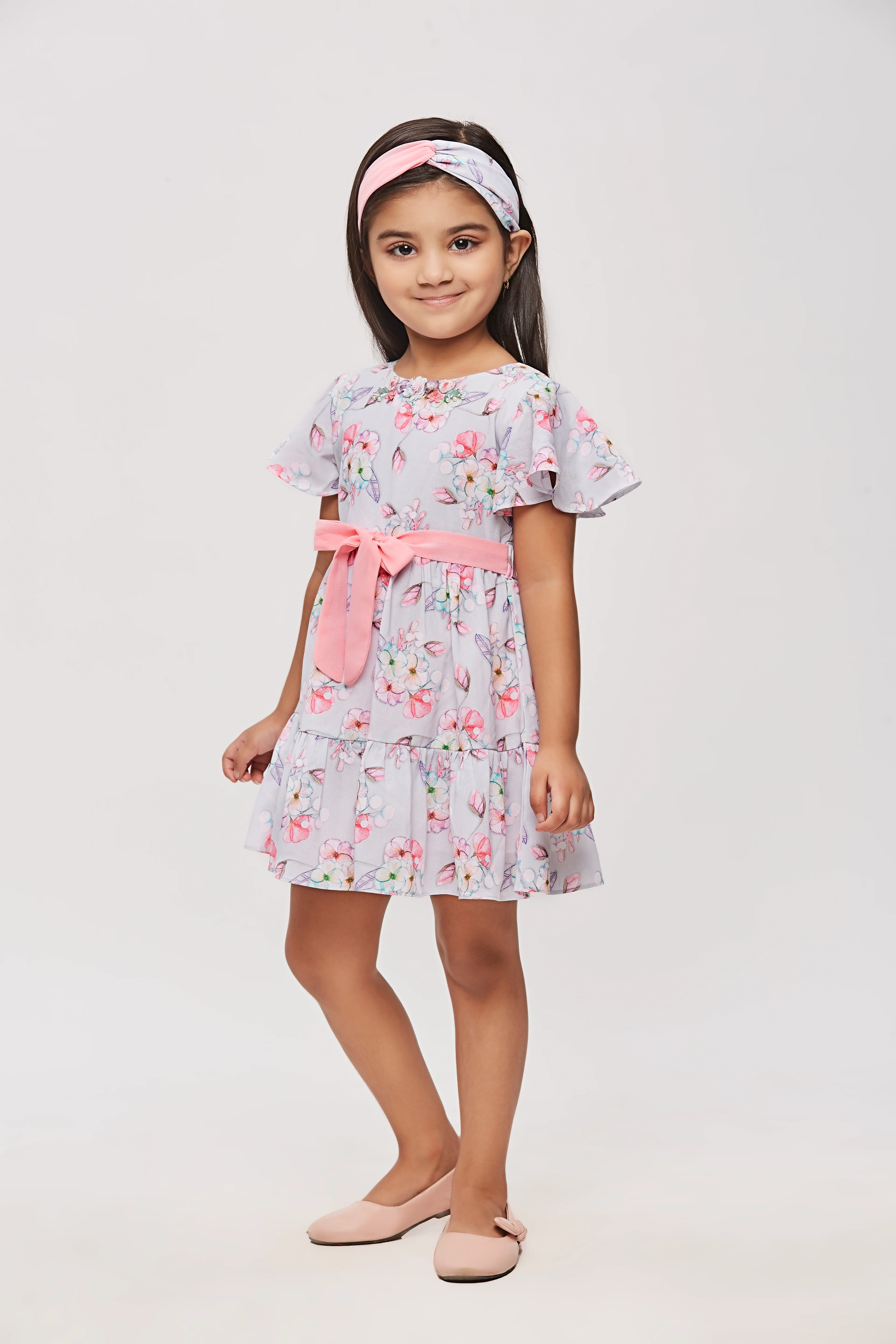 Girls Gray Floral Flutter Sleeve Belted Dress TSM30454 - Image 2