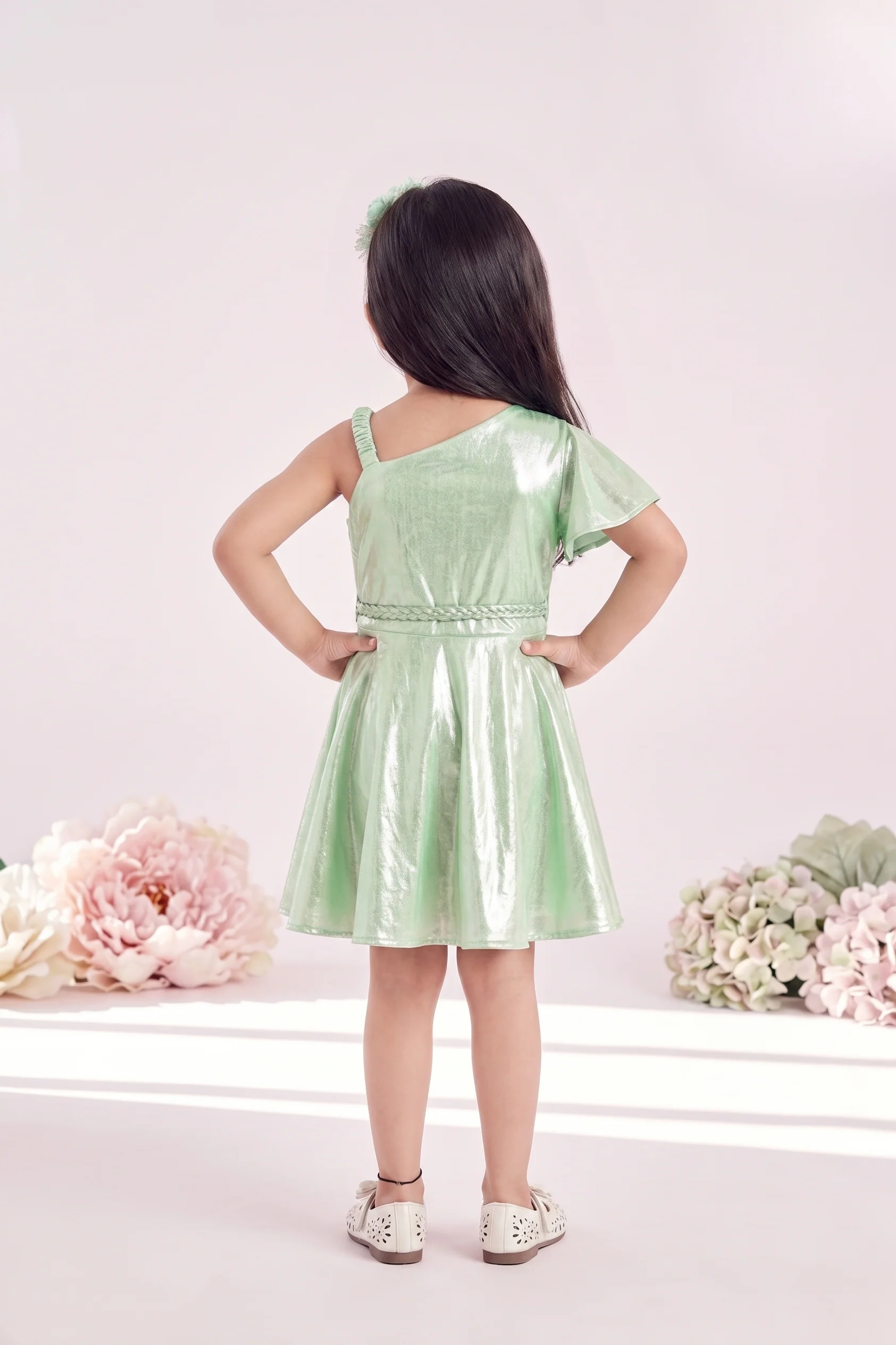 Girls Green Shimmer One-Shoulder Dress TSM30407 - Image 2