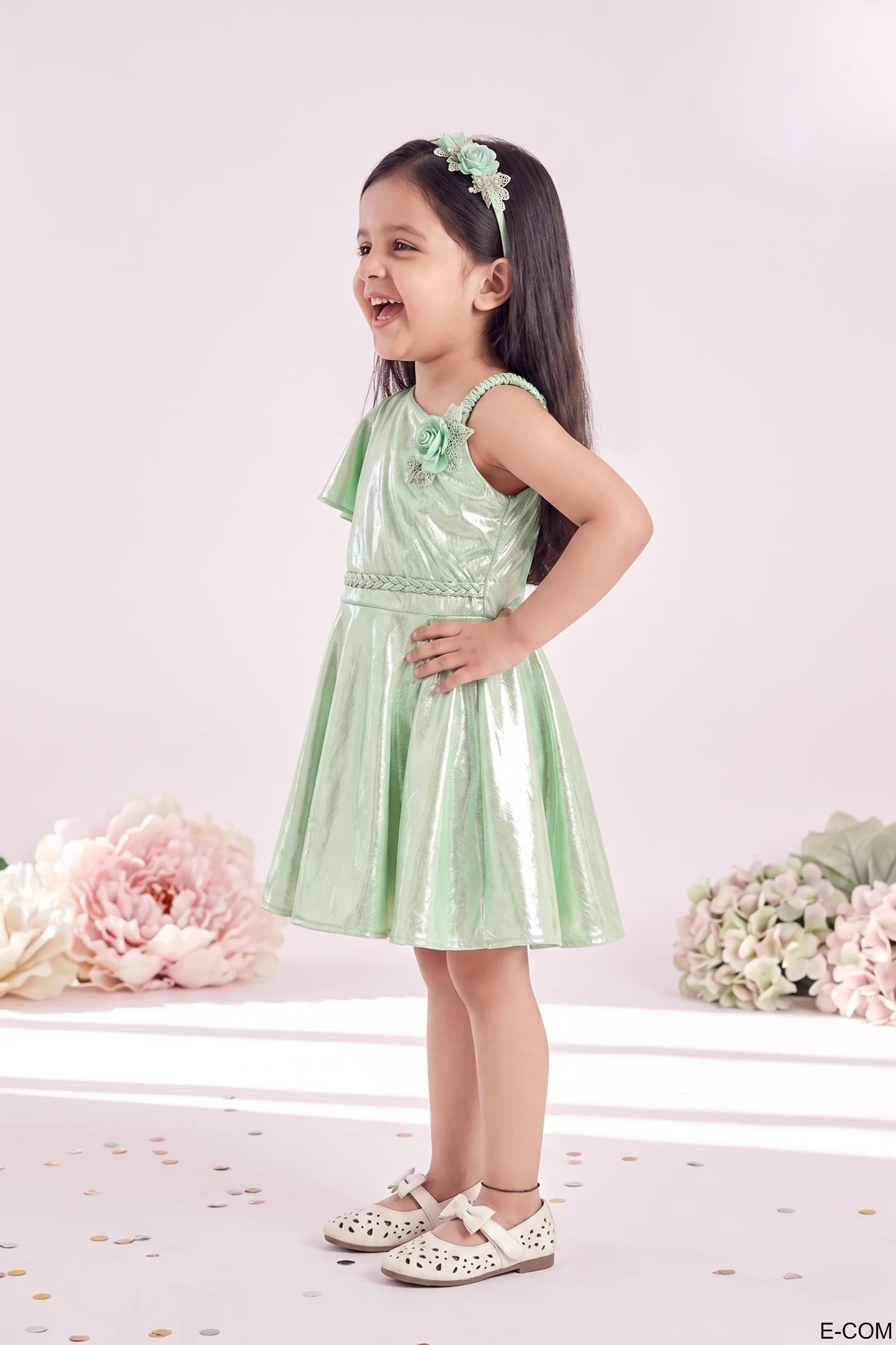 Girls Green Shimmer One-Shoulder Dress TSM30407 - Image 4