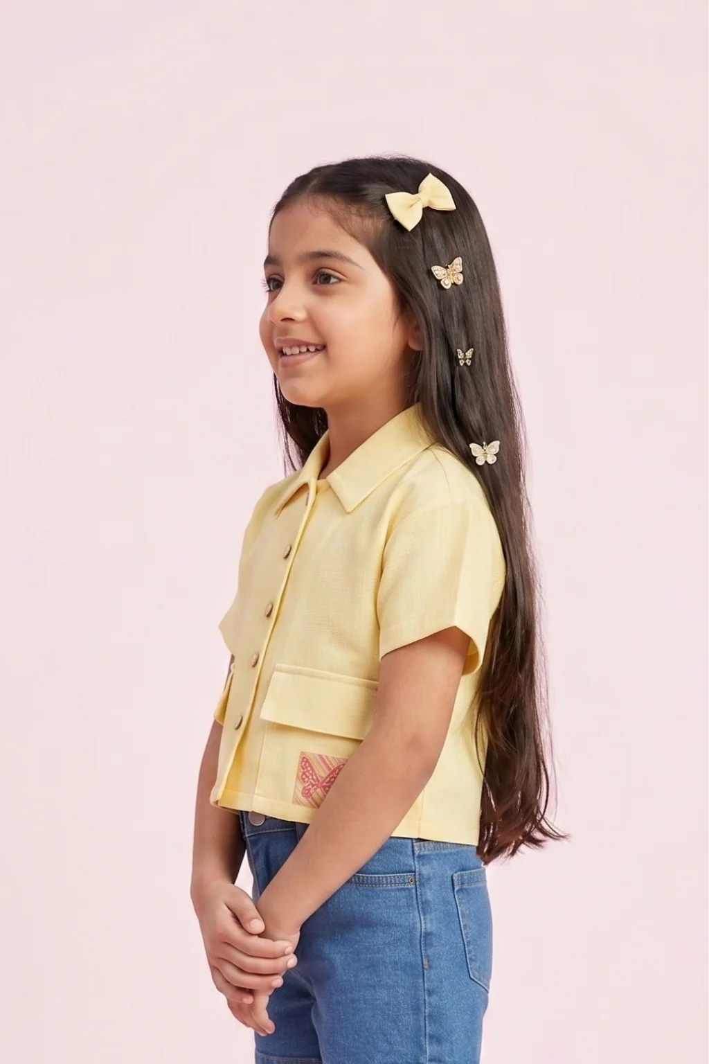 Girls Lemon Yellow Button-Front Crop Shirt TG6577 - Image 3