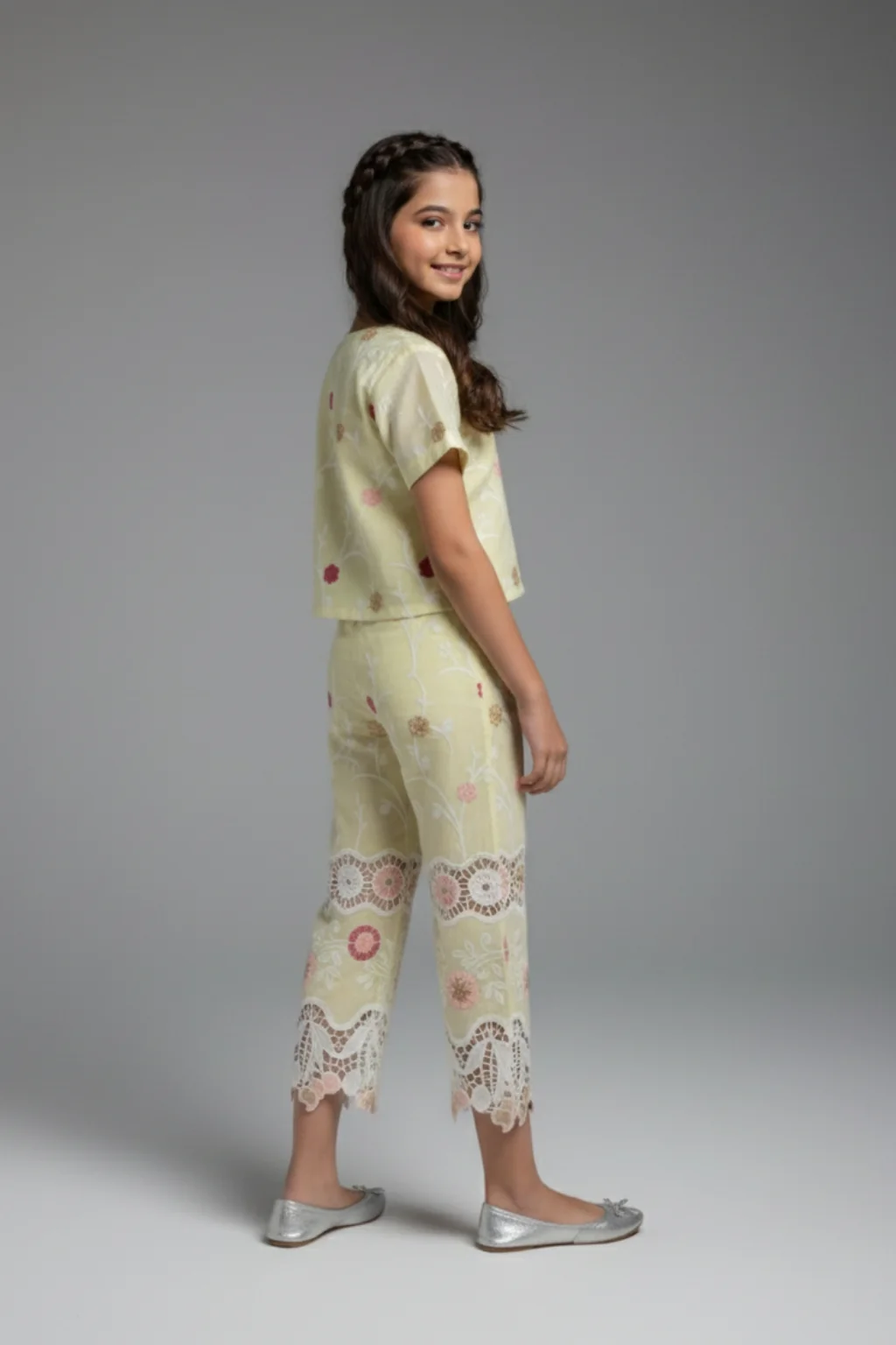 Girls Lemon Yellow Floral Embroidered Co-ord Set 3242 - Image 2