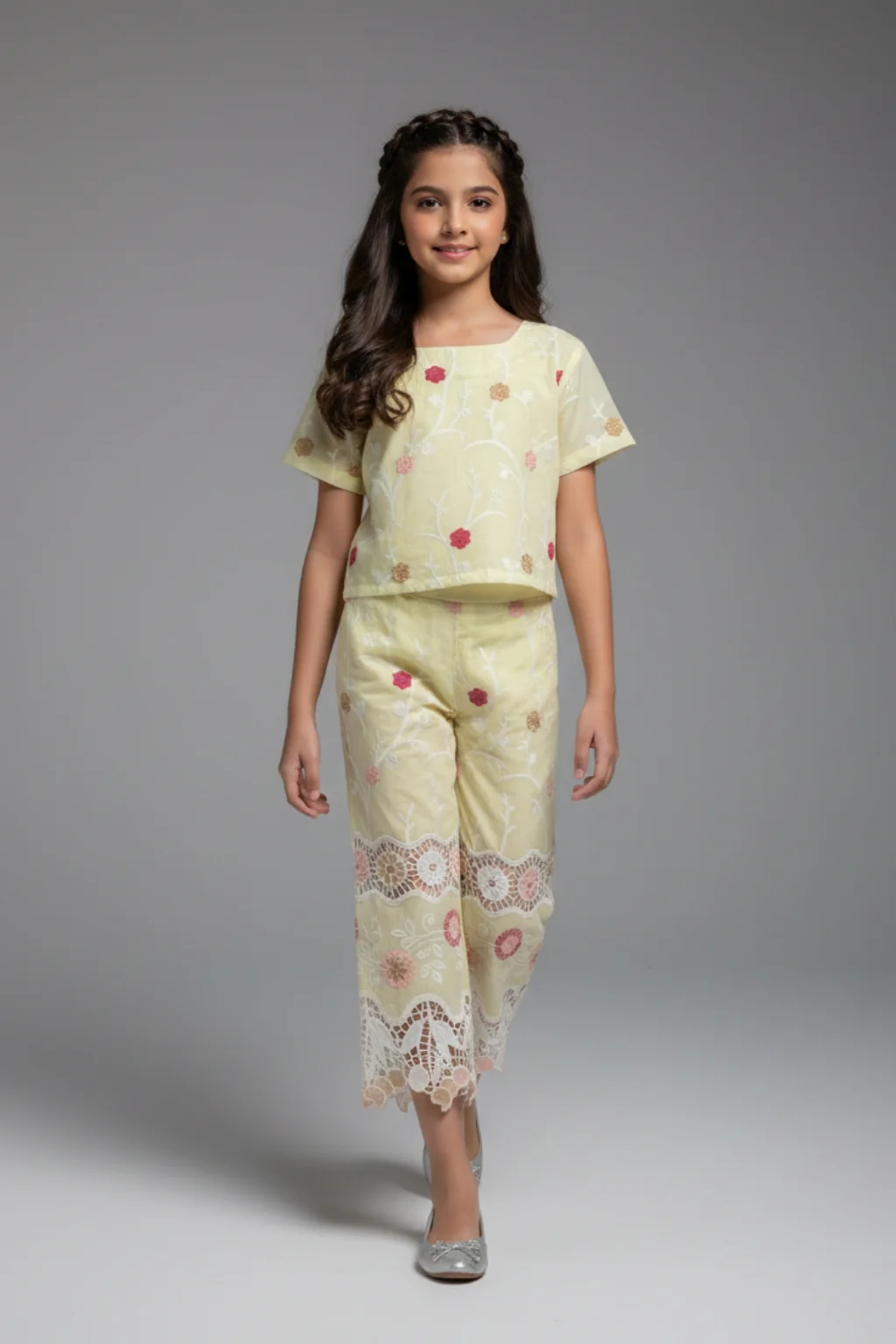 Girls Lemon Yellow Floral Embroidered Co-ord Set 3242 - Image 3