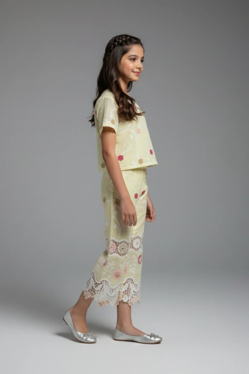 Girls Lemon Yellow Floral Embroidered Co-ord Set 3242 - Image 4