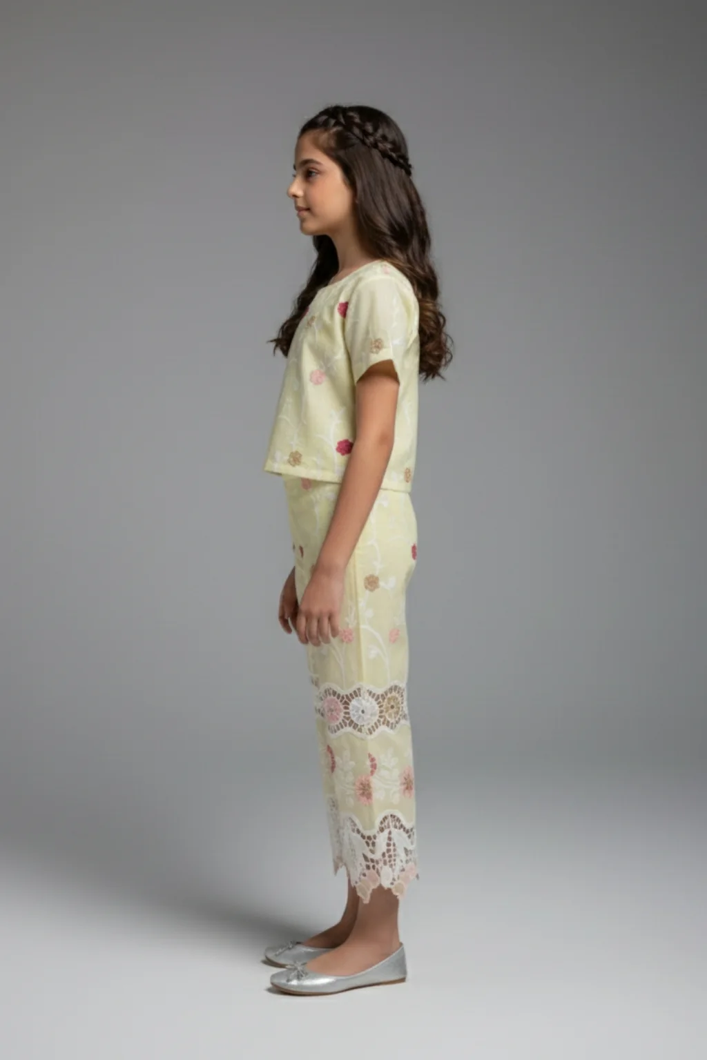Girls Lemon Yellow Floral Embroidered Co-ord Set 3242 - Image 5