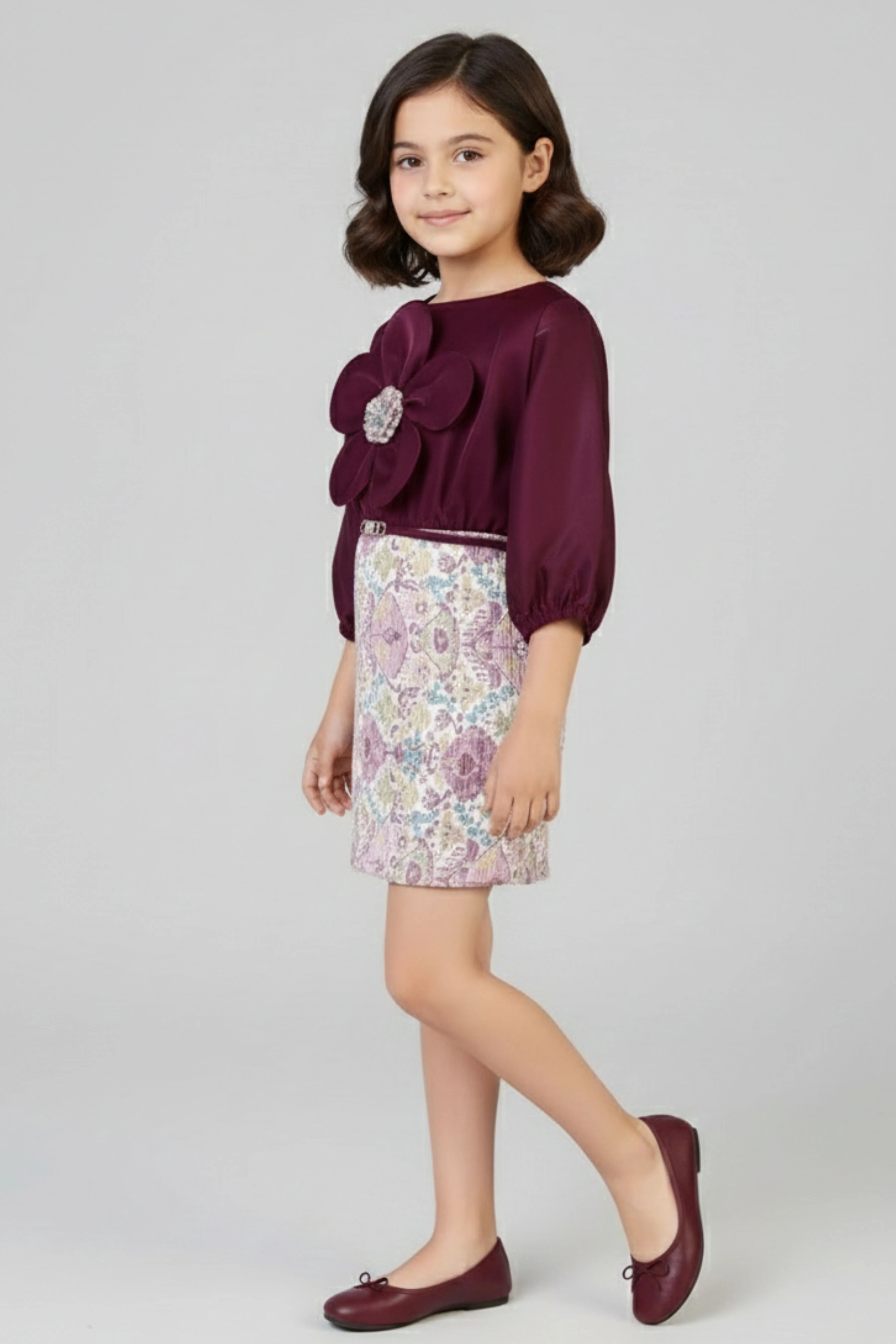 Girls Maroon Flower Detail Party Dress M2530 - Image 2