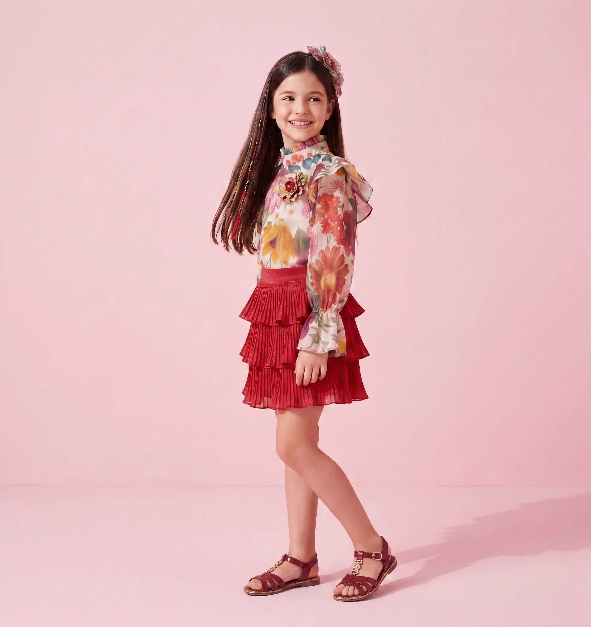 Girls Maroon Printed Top & Skirt Set 2071 - Image 3