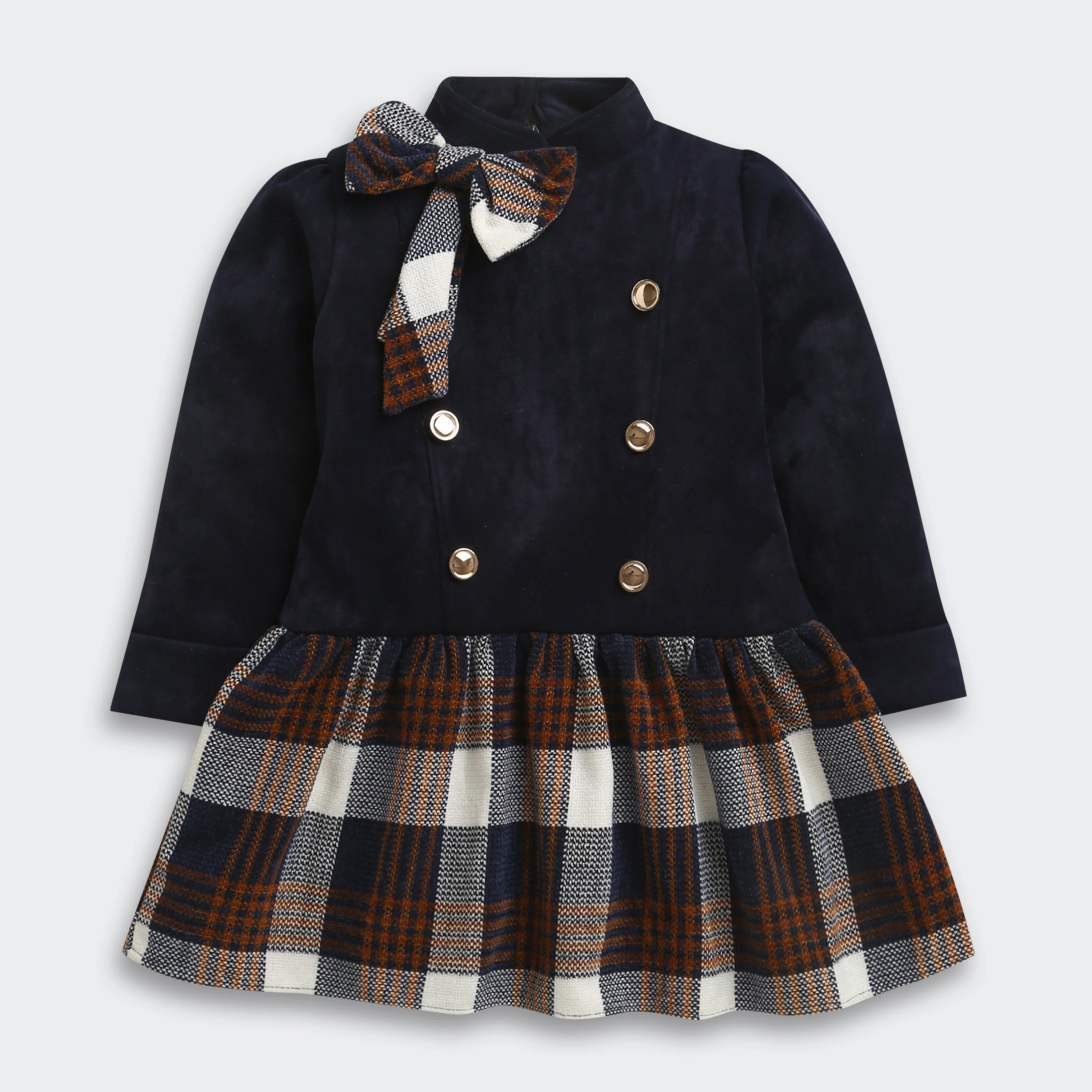 Girls Navy Blue & Plaid Bow Winter Dress TSM30706 - Image 2
