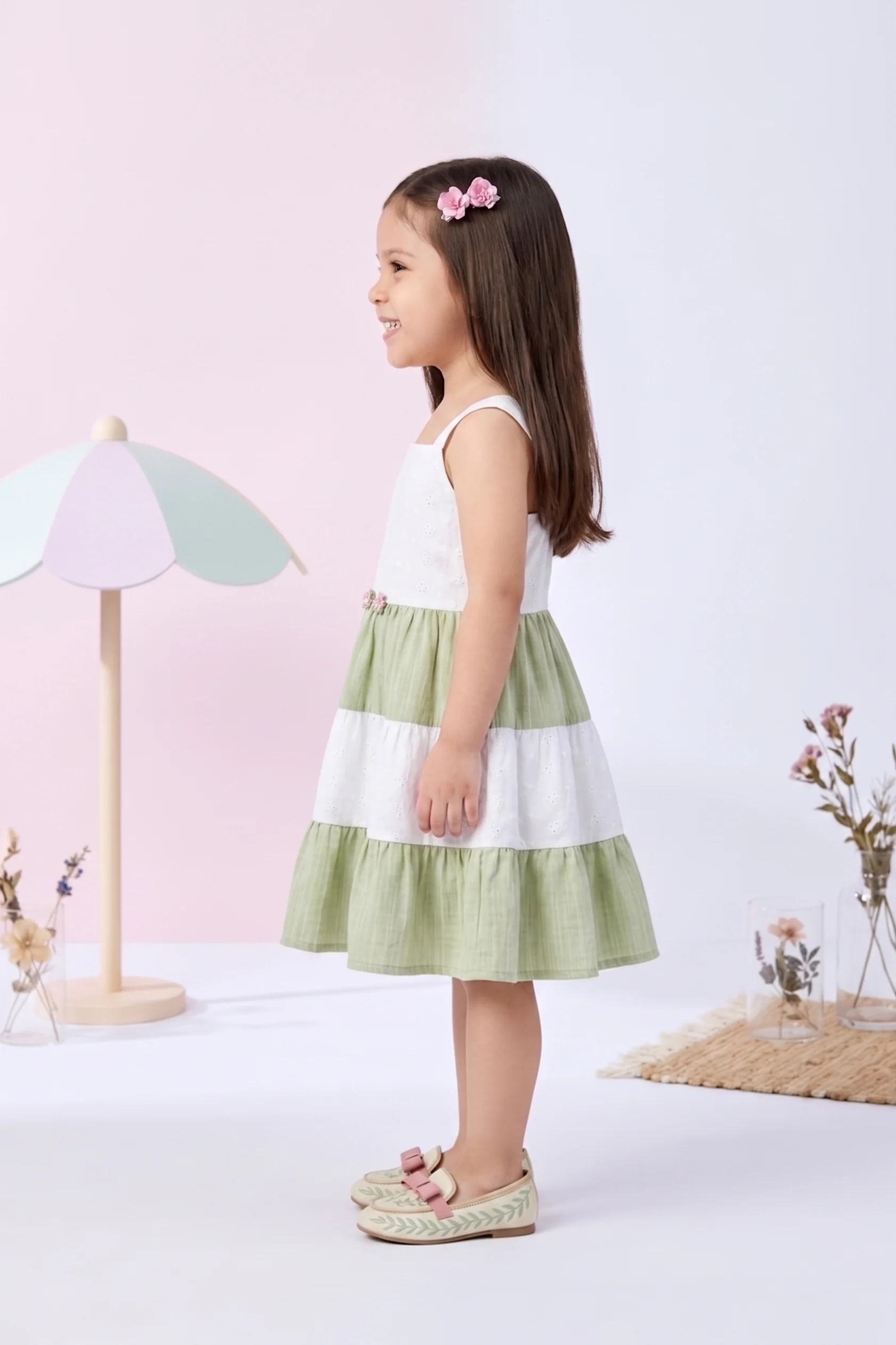 Girls off white Sleeveless Colorblock Tiered Dress TSM30659 - Image 3