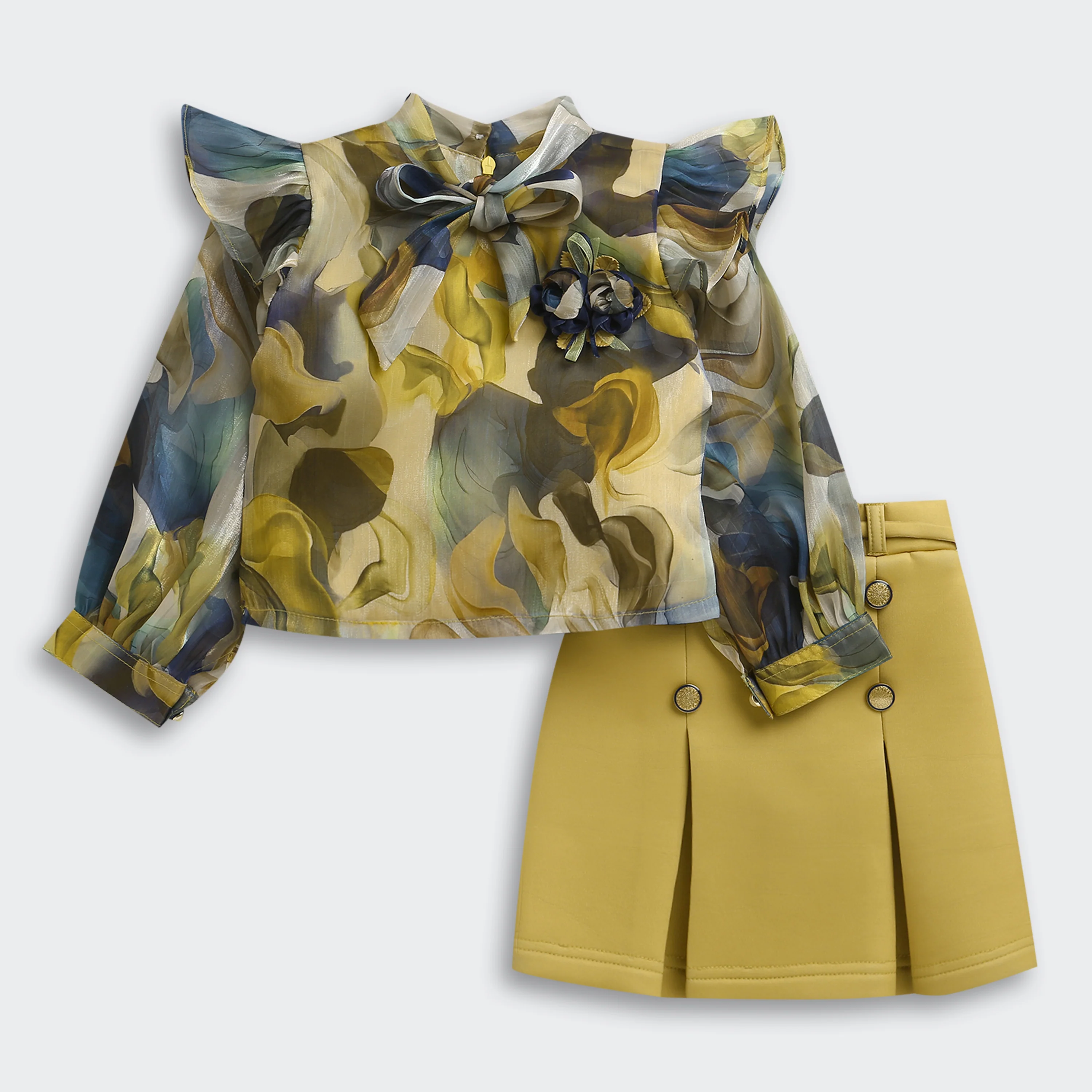 Girls Olive Floral Blouse & Mustard Skirt Set TSSET40546 - Image 6