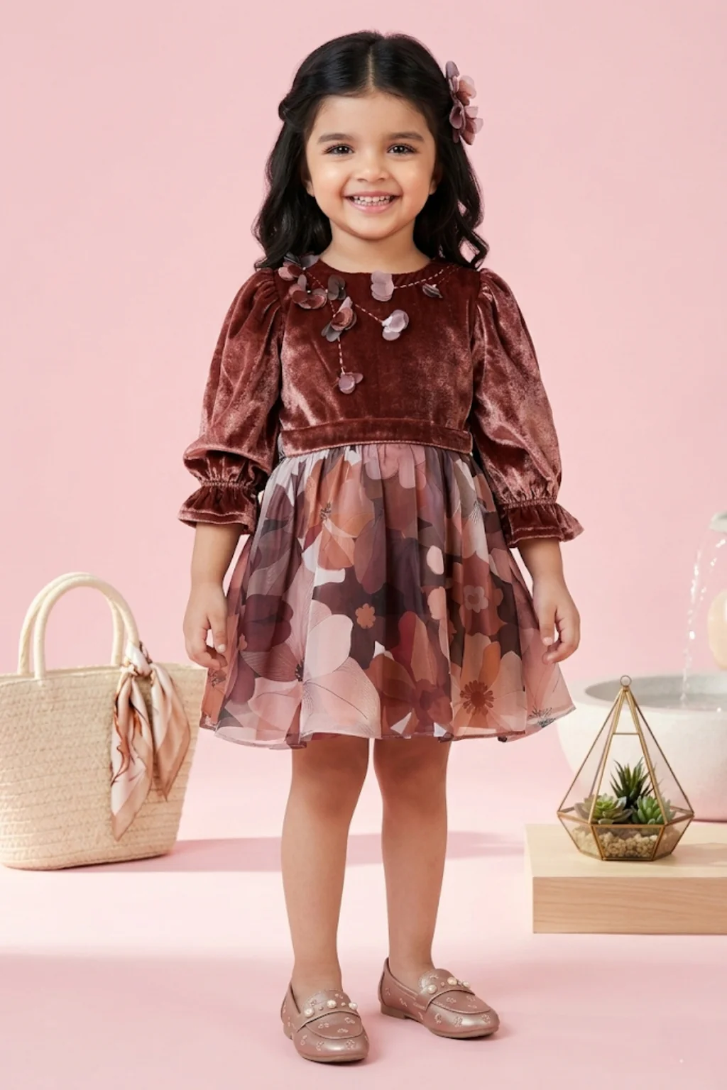 Girls Onion Pink Floral Organza Party Frock TSF10078