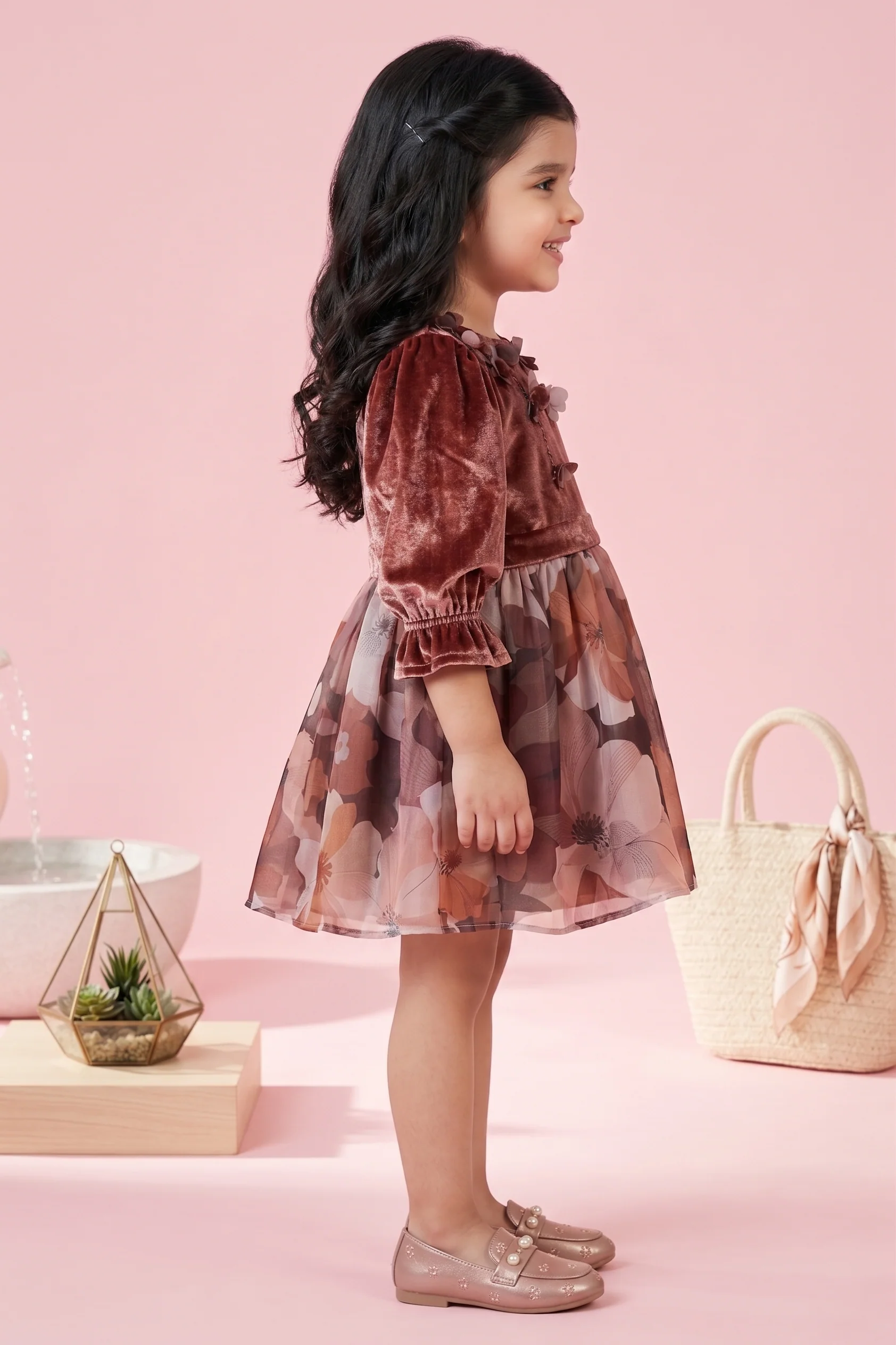 Girls Onion Pink Floral Organza Party Frock TSF10078 - Image 3