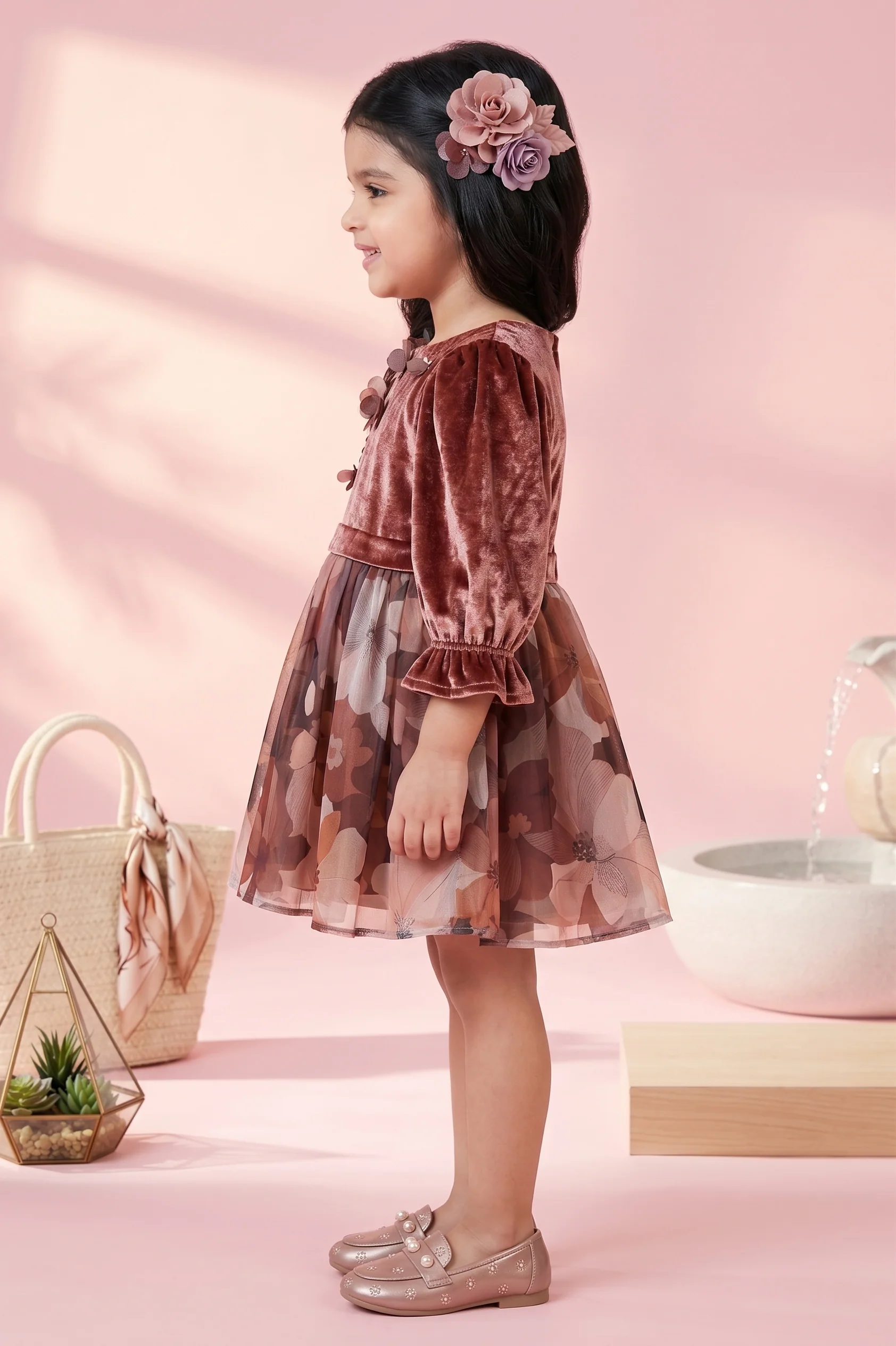 Girls Onion Pink Floral Organza Party Frock TSF10078 - Image 4