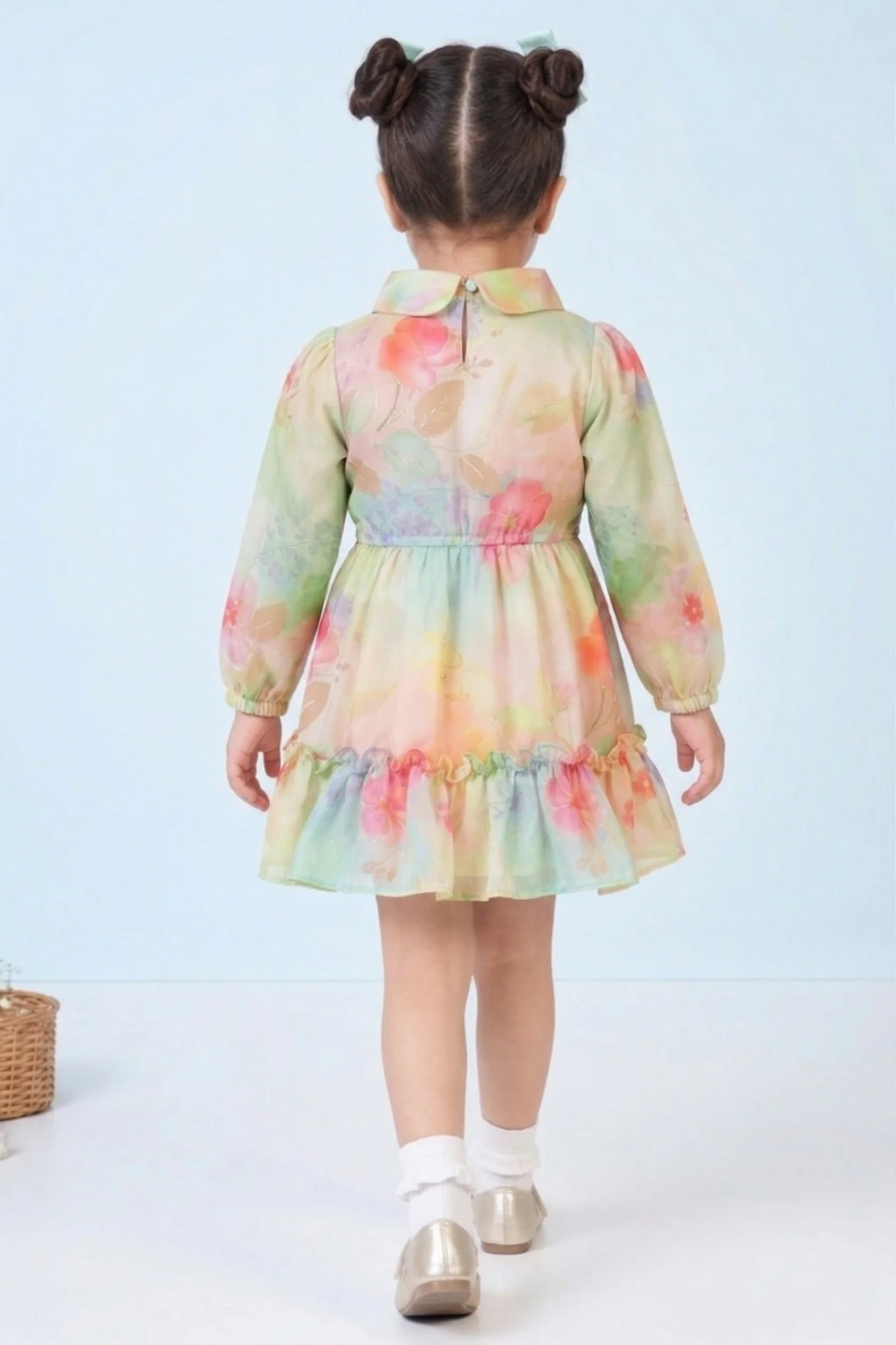 Girls Peach Floral Full Sleeves Shirt Frock TSF10086 - Image 2