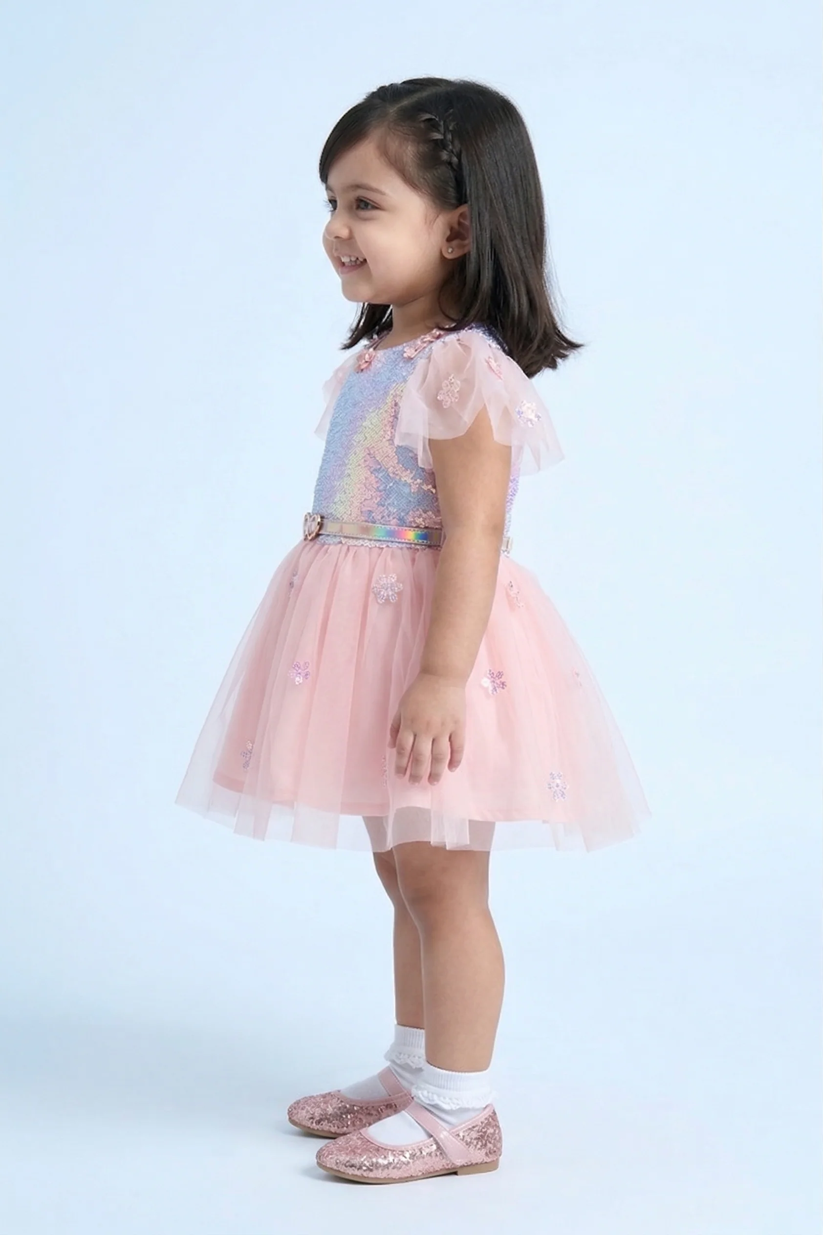Girls Peach Sequin Tulle Party Frock with Heart Belt TSF10002 - Image 3