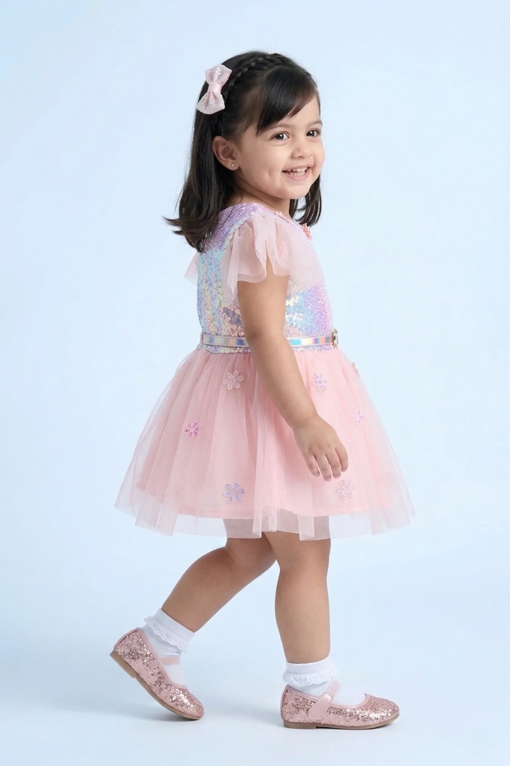 Girls Peach Sequin Tulle Party Frock with Heart Belt TSF10002 - Image 4