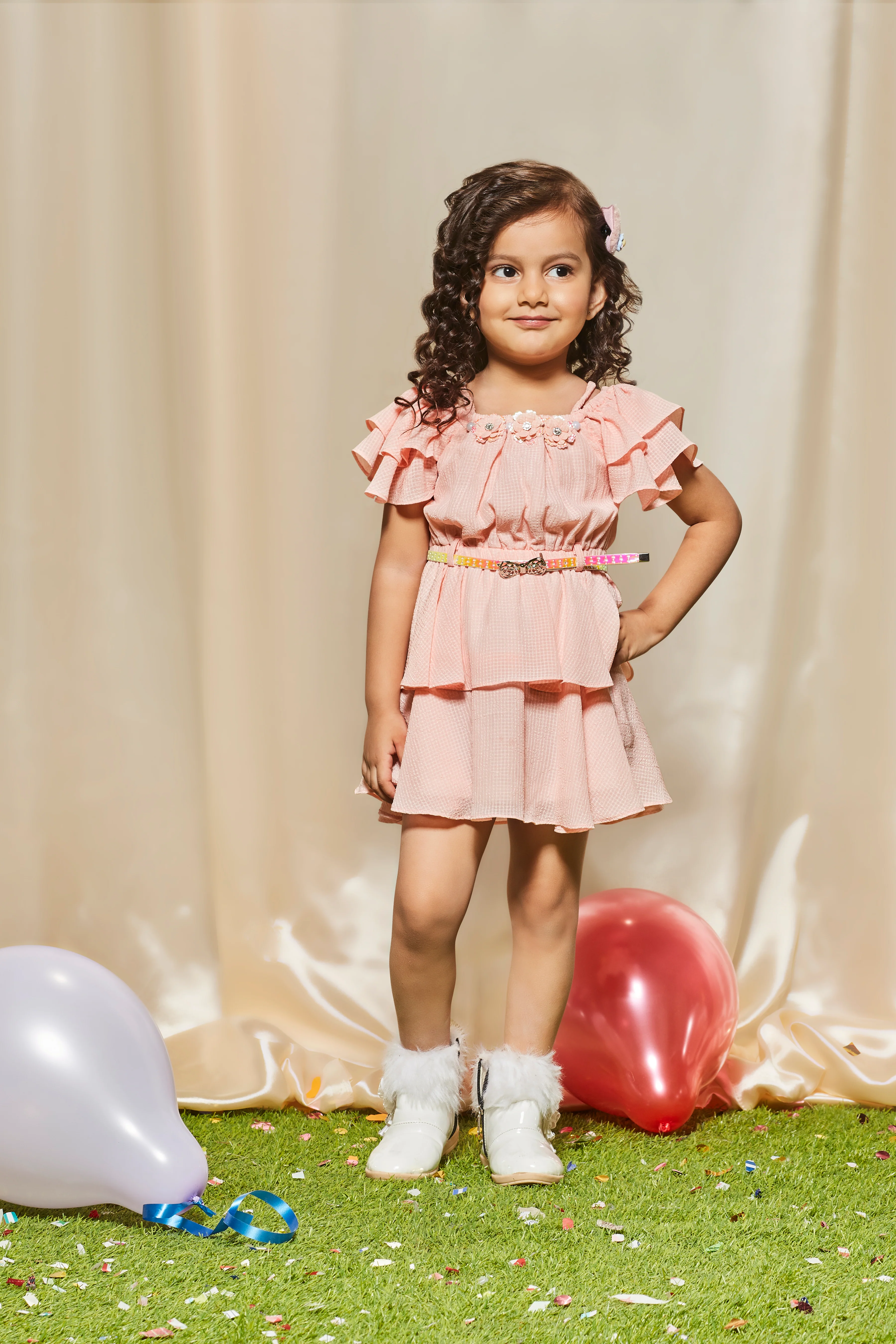 Girls Peach Textured Ruffle Tier Dress TSM1895
