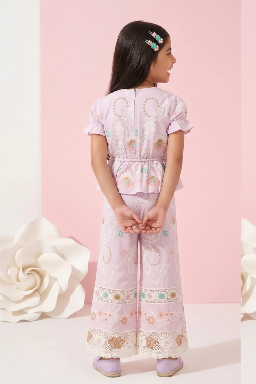 Girls Pink Embroidered Peplum Co-ord Set 3250 - Image 2