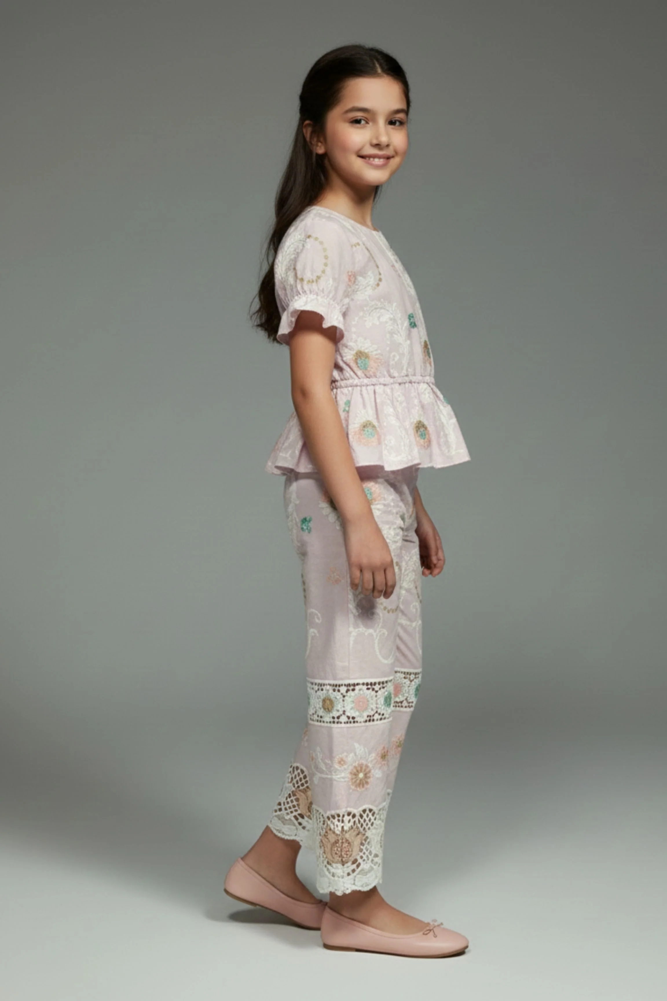 Girls Pink Embroidered Peplum Co-ord Set 3250 - Image 7