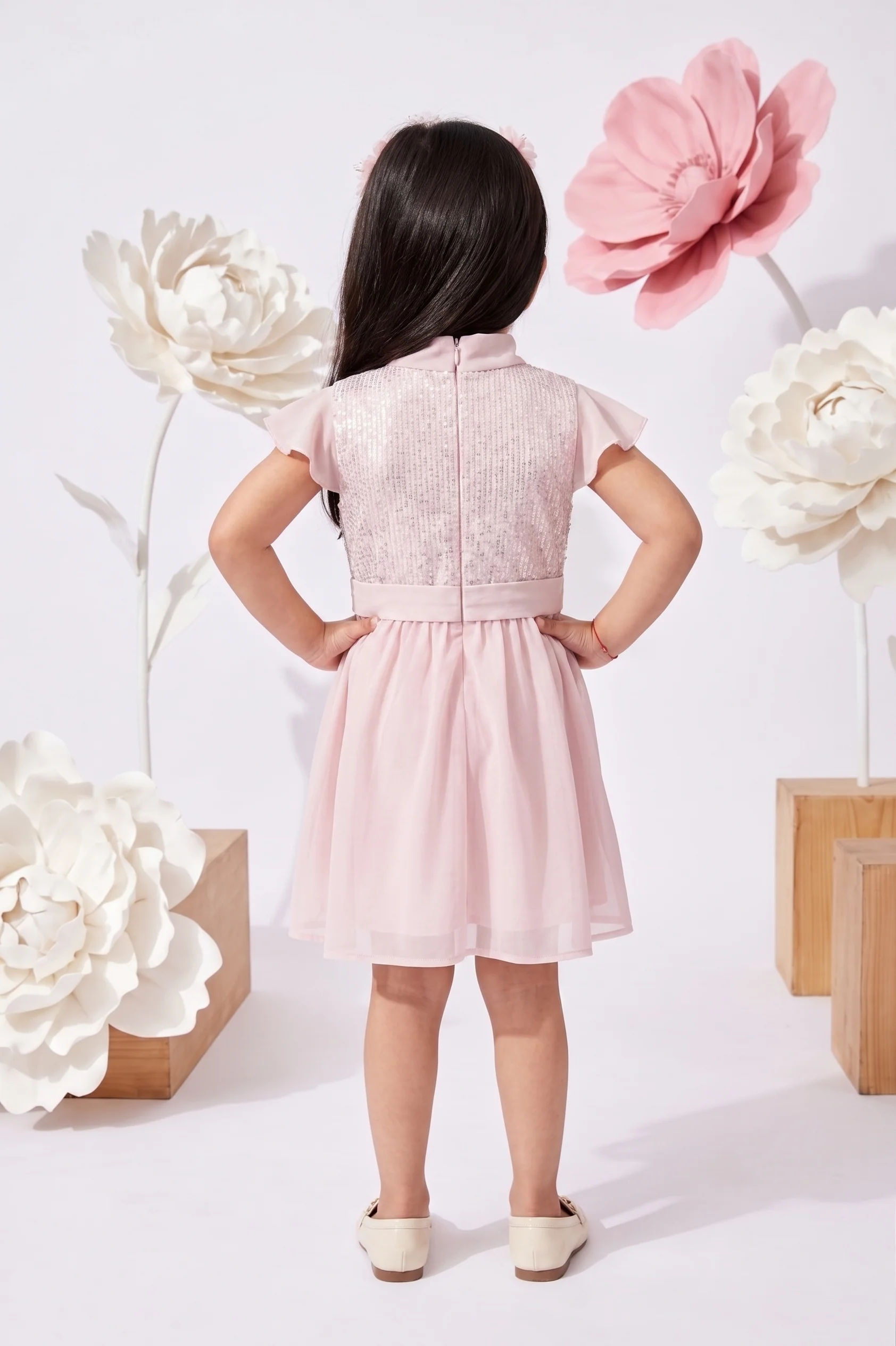 Girls Pink Sequin Party Dress with Belt Detail TSM30431 - Image 2