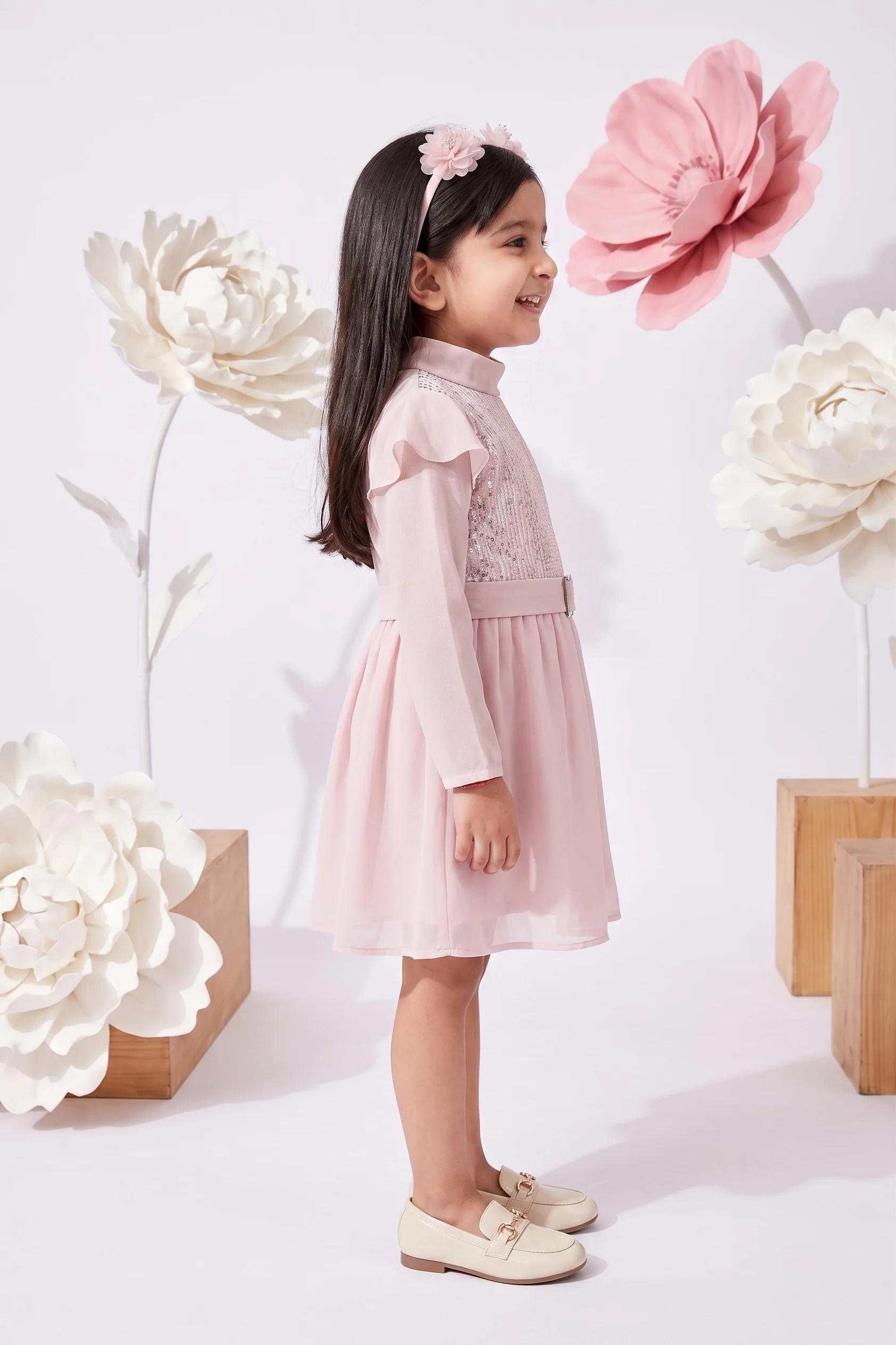 Girls Pink Sequin Party Dress with Belt Detail TSM30431 - Image 3
