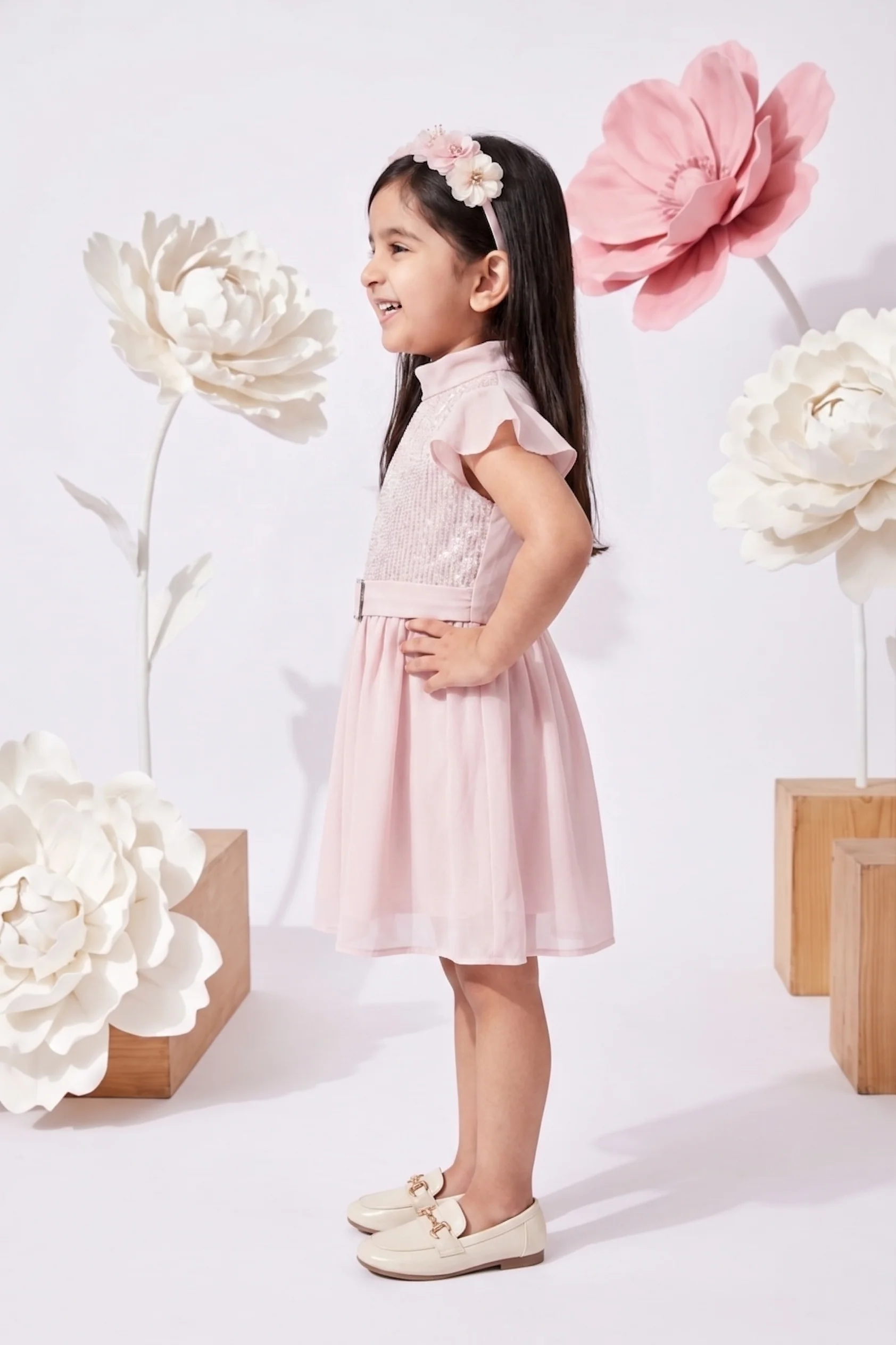 Girls Pink Sequin Party Dress with Belt Detail TSM30431 - Image 4