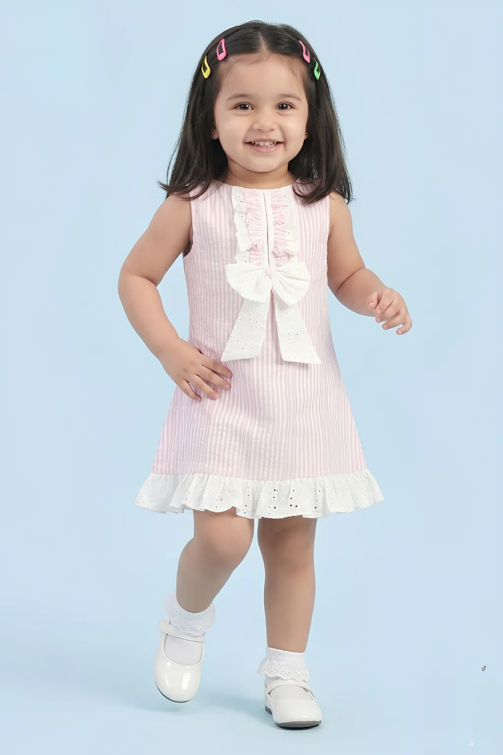 Girls Pink Stripe Bow Detail Lace Hem Dress TSM30641