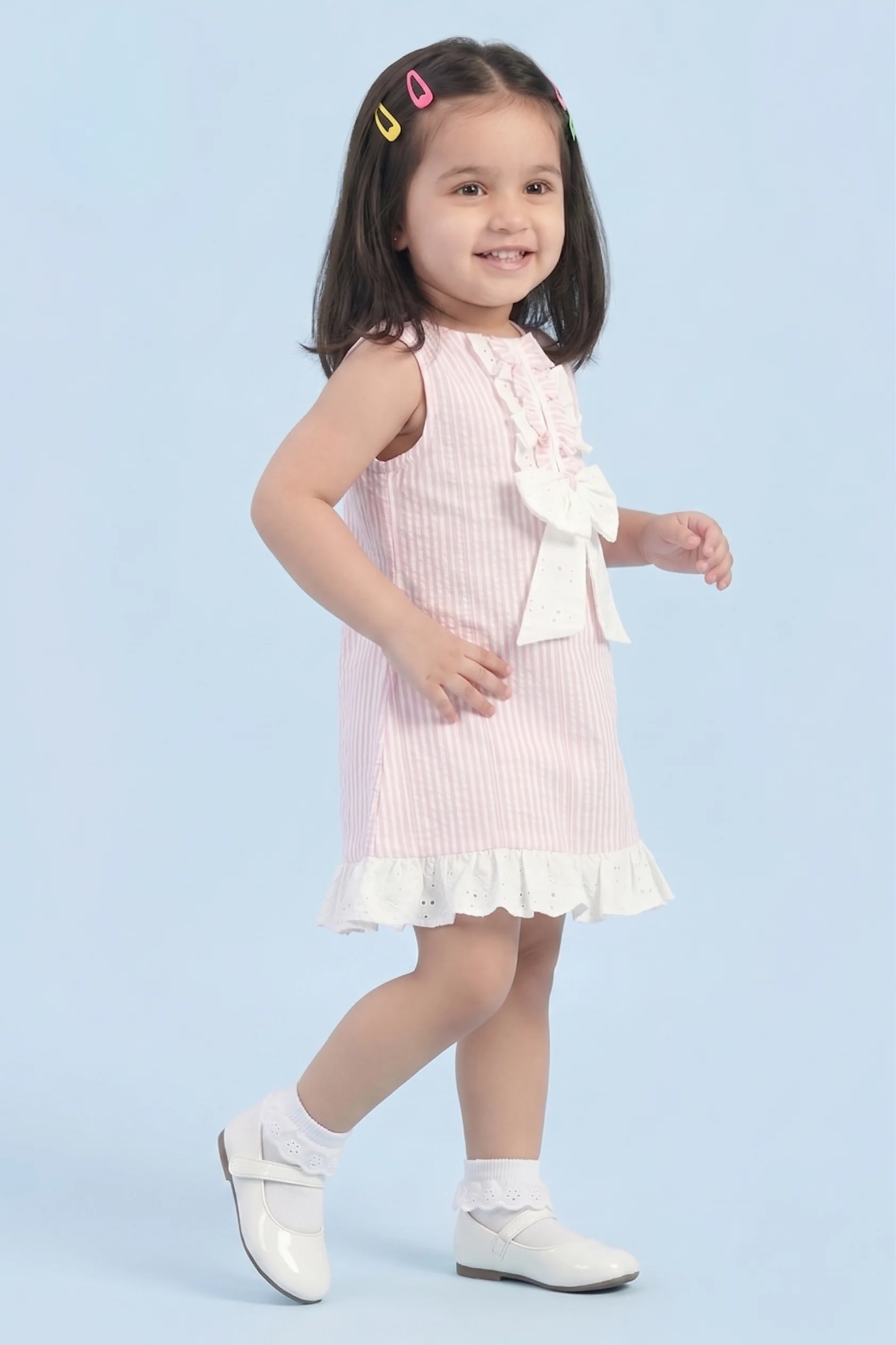 Girls Pink Stripe Bow Detail Lace Hem Dress TSM30641 - Image 3