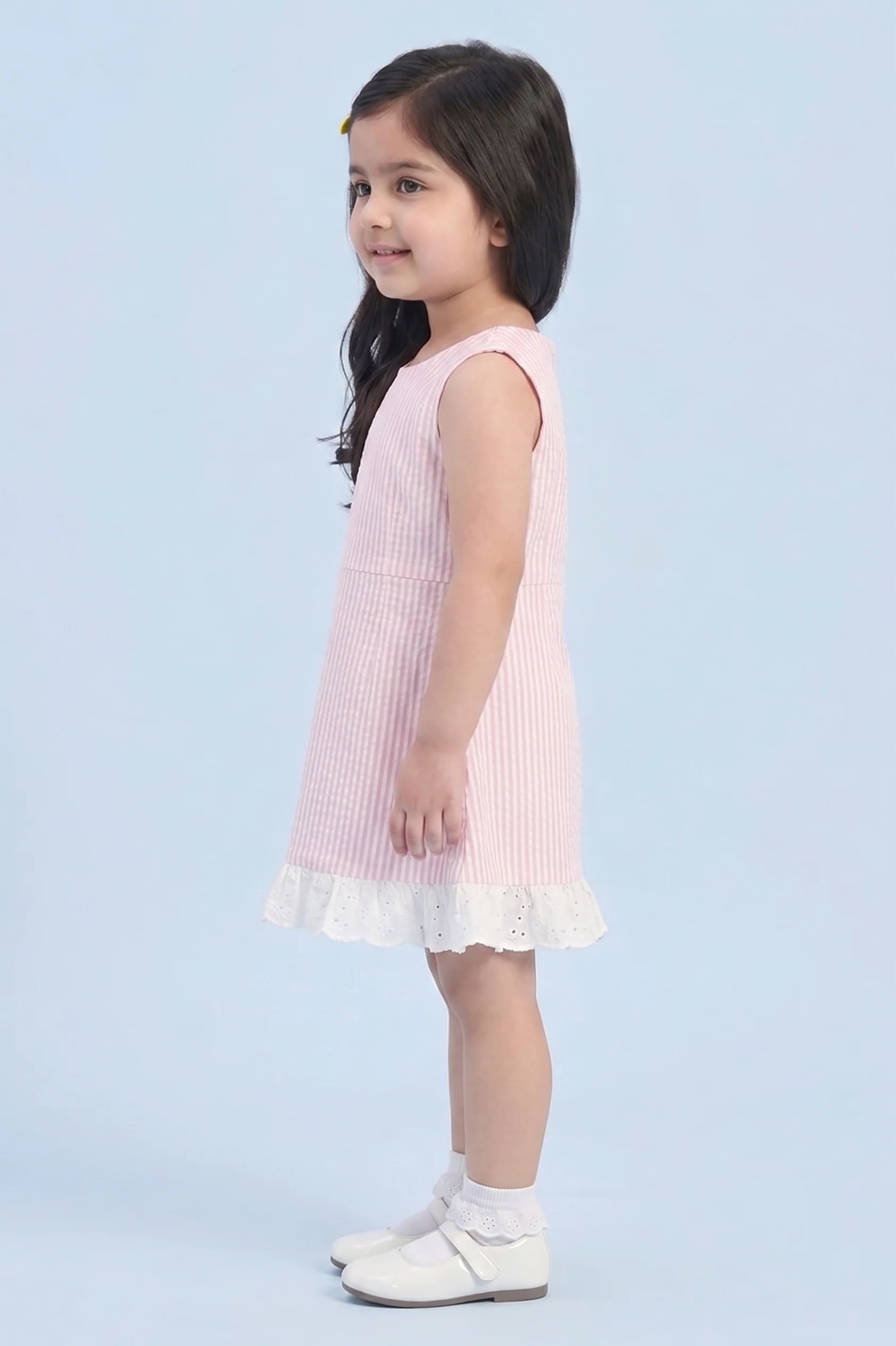 Girls Pink Stripe Bow Detail Lace Hem Dress TSM30641 - Image 4
