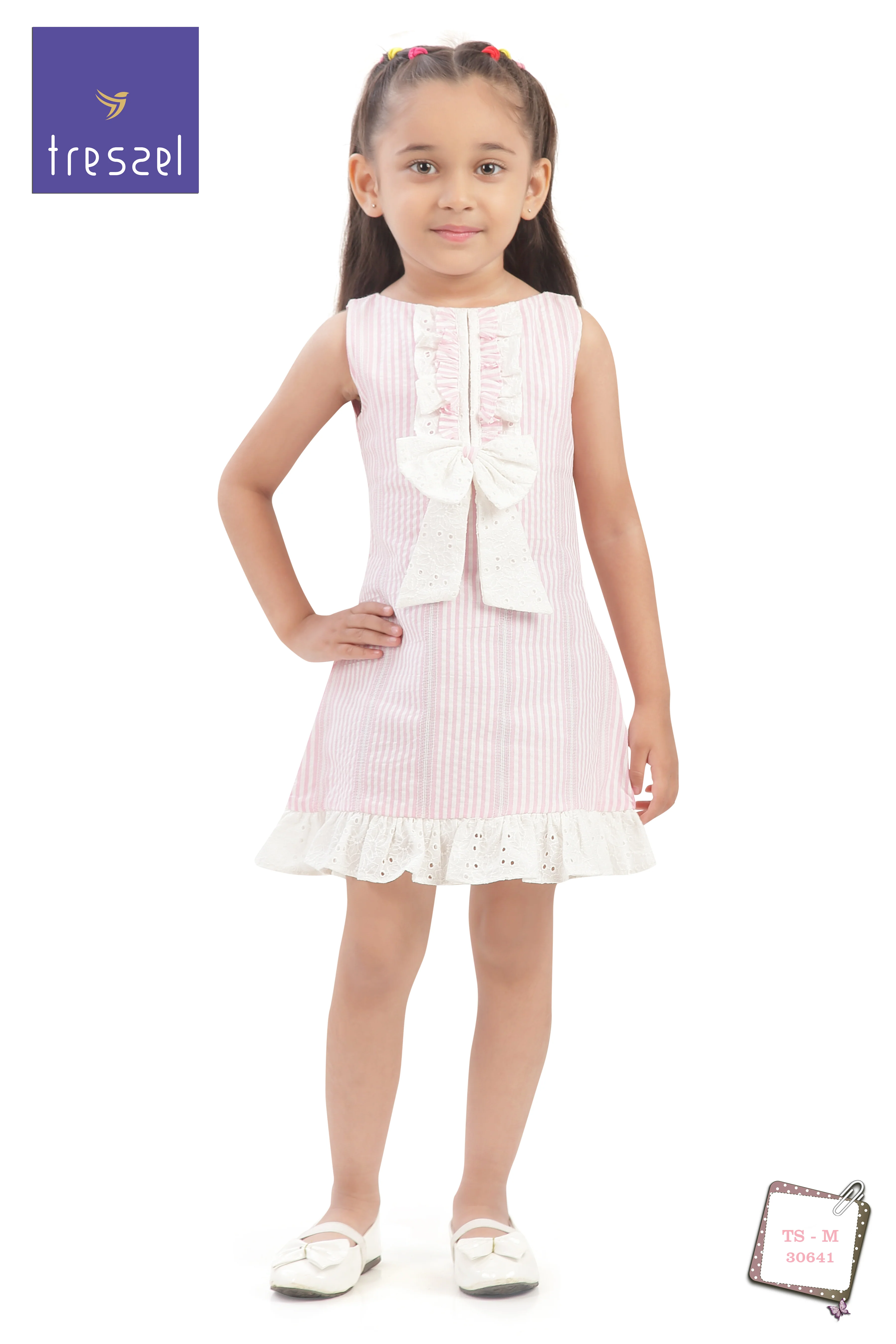 Girls Pink Stripe Bow Detail Lace Hem Dress TSM30641 - Image 5