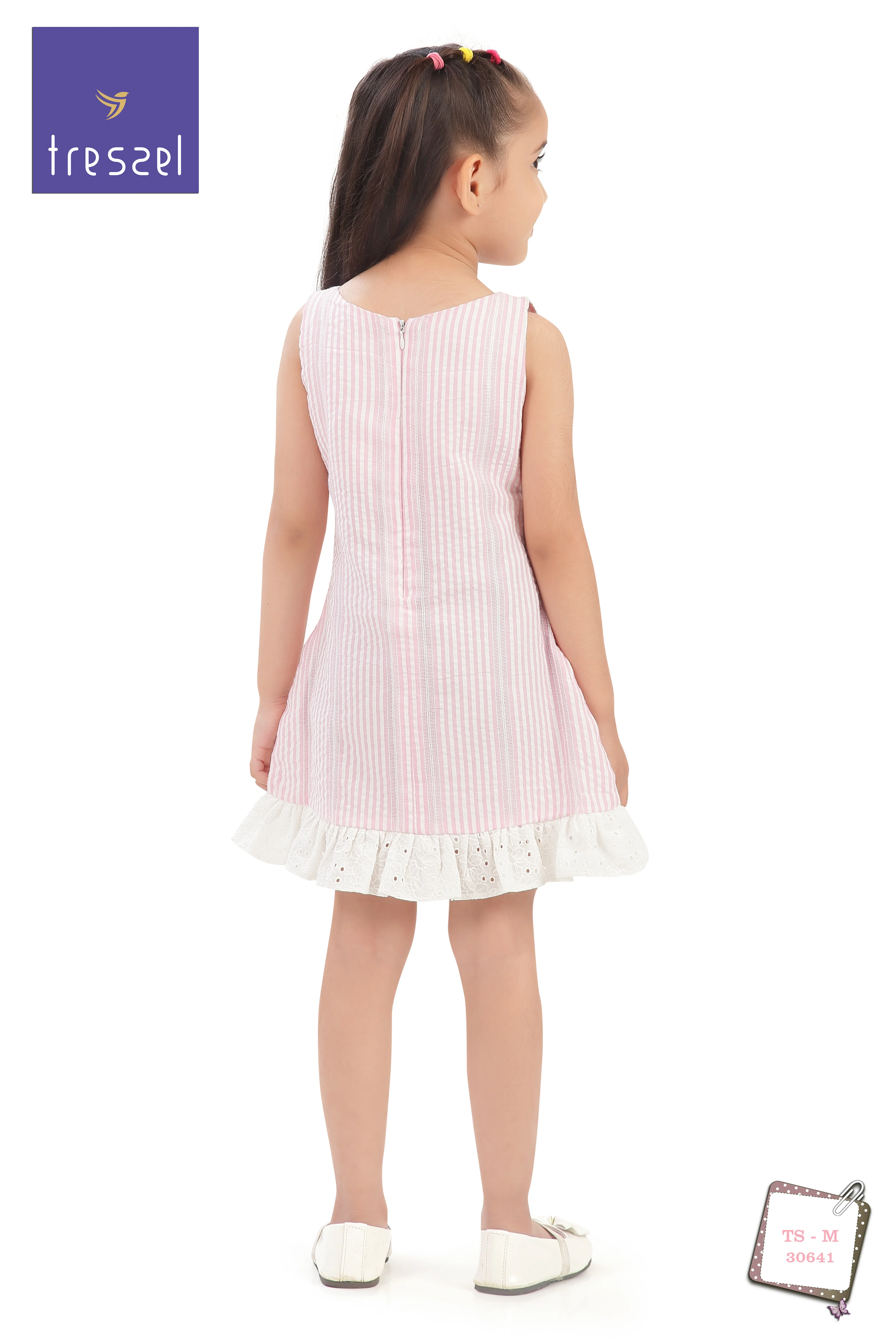 Girls Pink Stripe Bow Detail Lace Hem Dress TSM30641 - Image 6