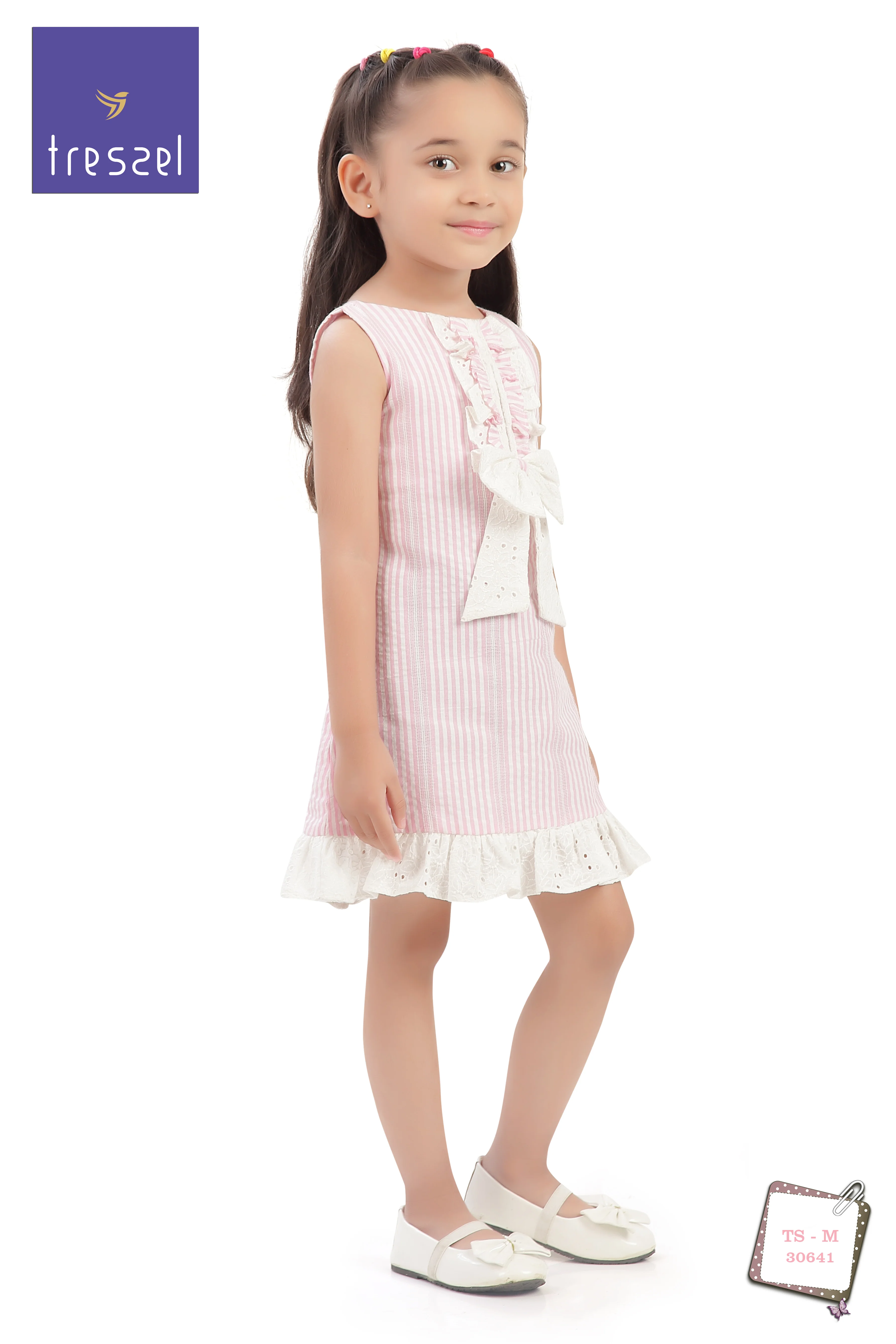 Girls Pink Stripe Bow Detail Lace Hem Dress TSM30641 - Image 7