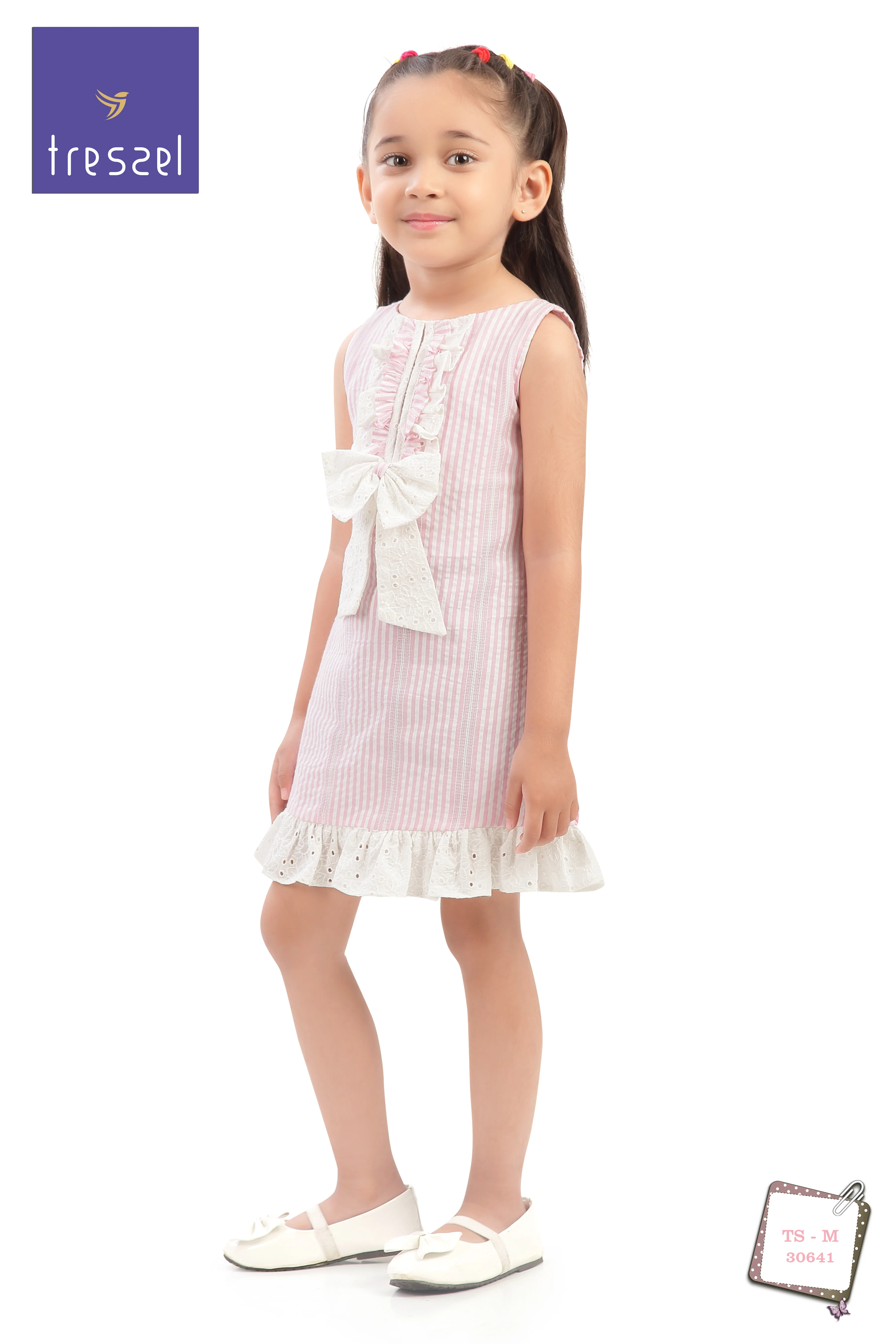 Girls Pink Stripe Bow Detail Lace Hem Dress TSM30641 - Image 8