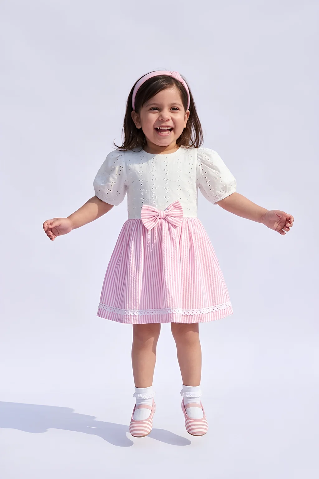 Pink Striped Bow Detail Cotton Dress TSF10048