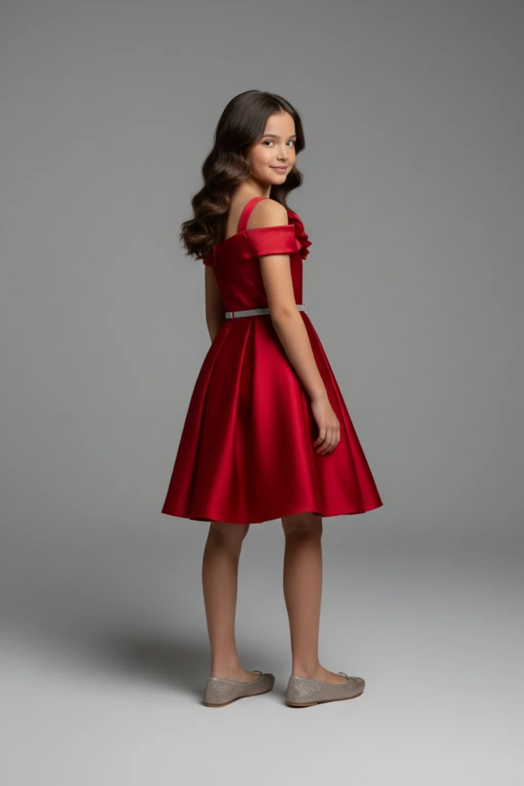 Girls Red Off-Shoulder Party Dress with Bow Belt F690 - Image 4