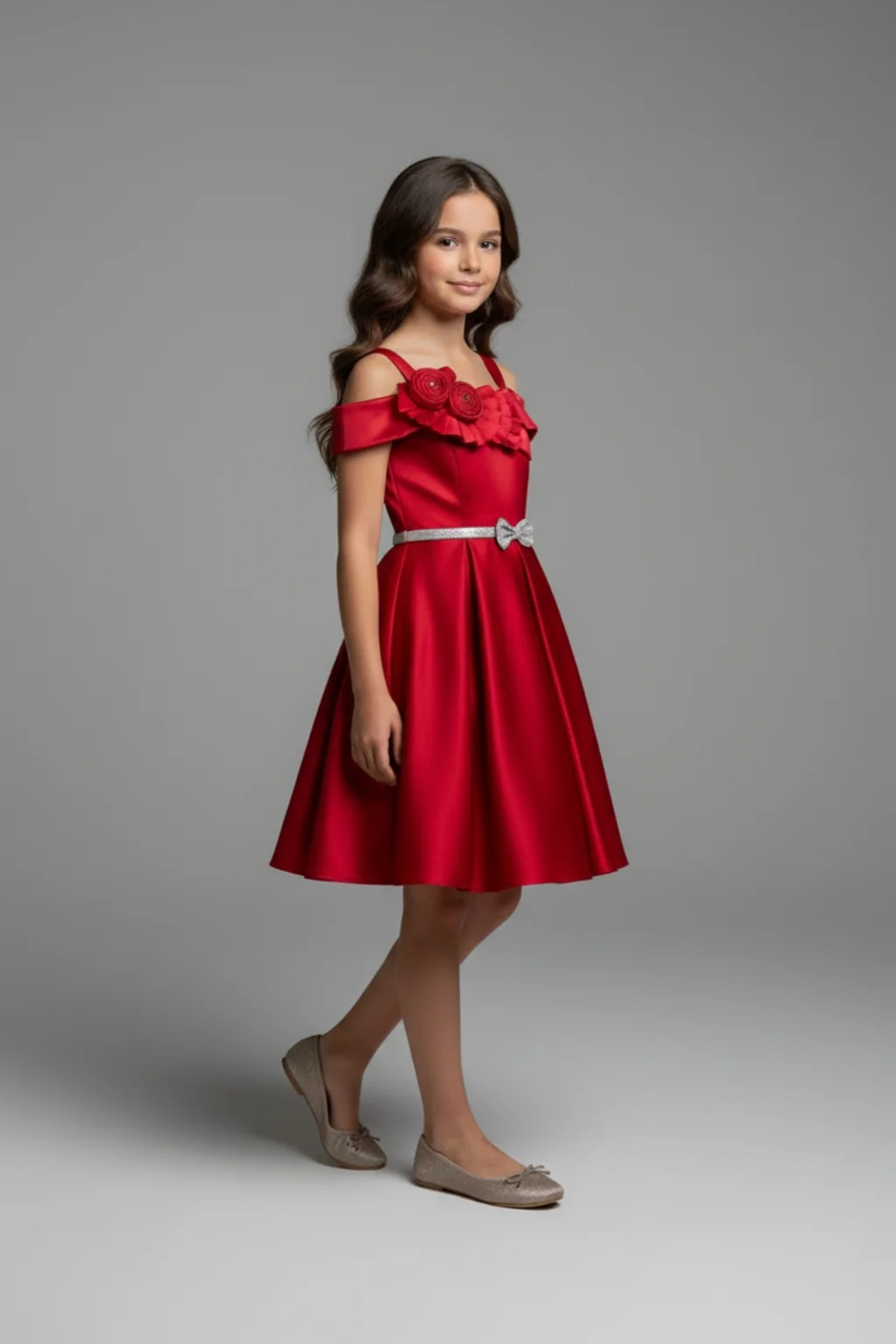 Girls Red Off-Shoulder Party Dress with Bow Belt F690 - Image 6