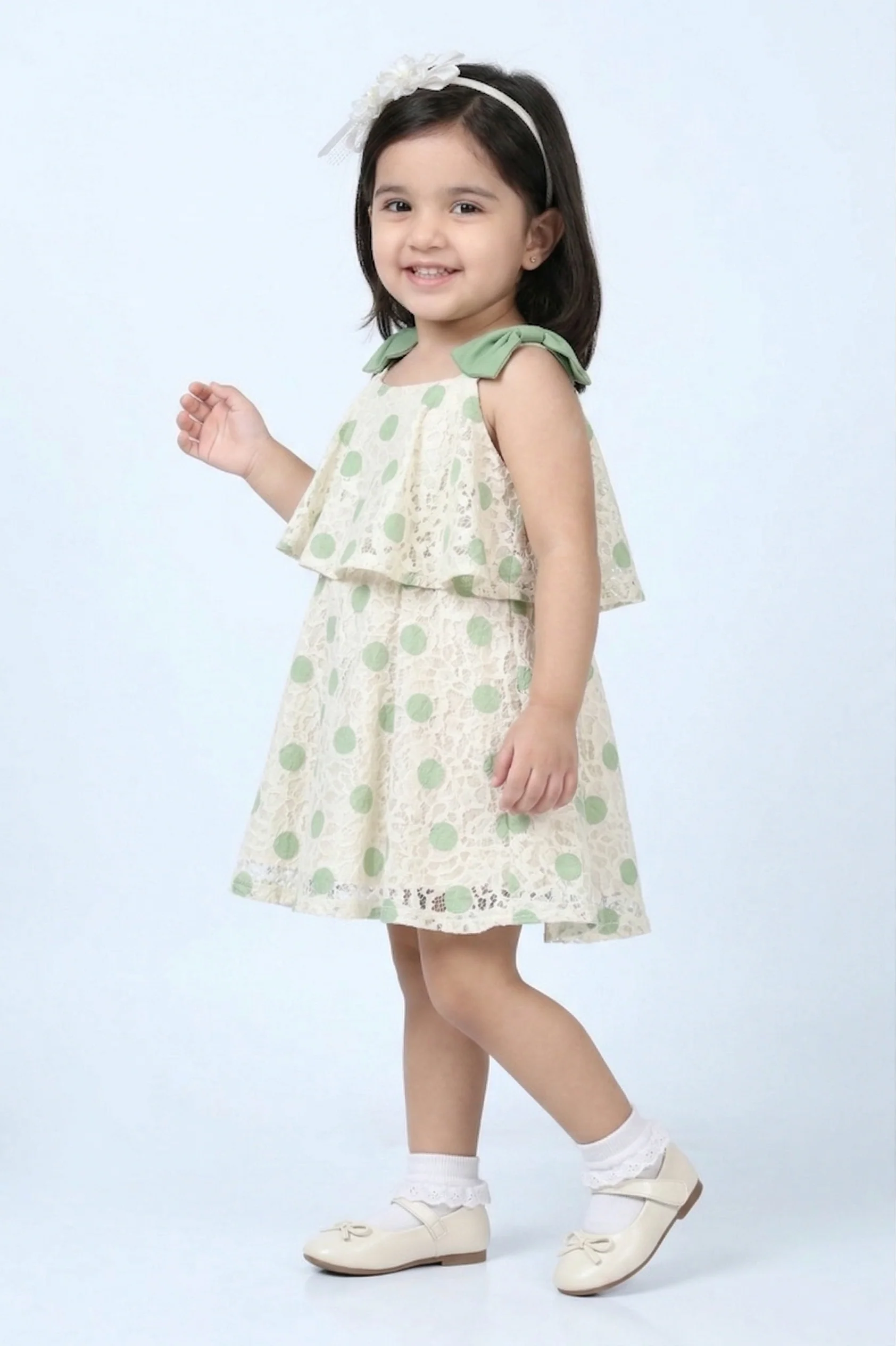 Girls Sea Green Polka Dot Layered Dress TSM30419 - Image 3