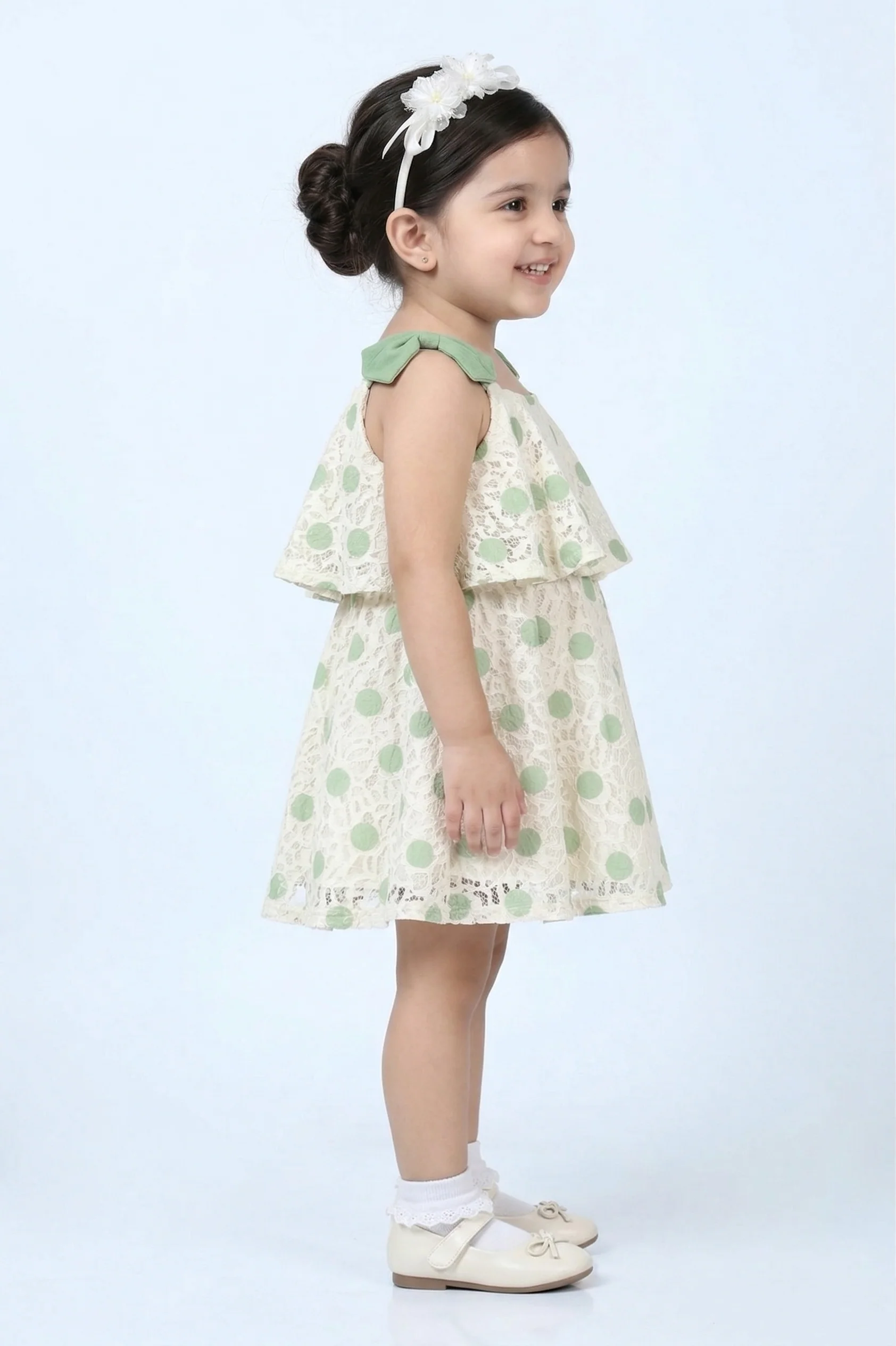 Girls Sea Green Polka Dot Layered Dress TSM30419 - Image 4
