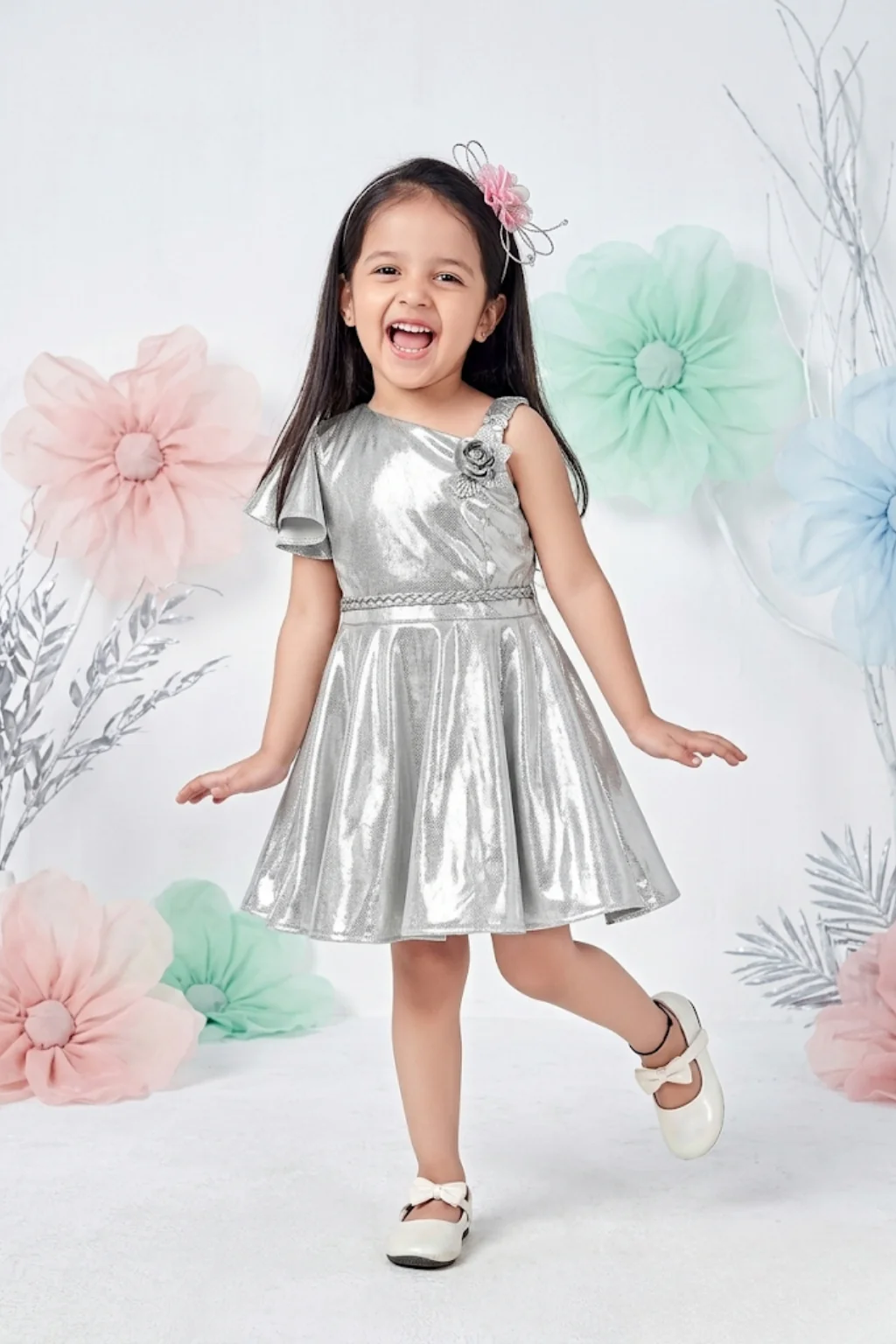 Girls Silver Shimmer One-Shoulder Party Dress TSM30407