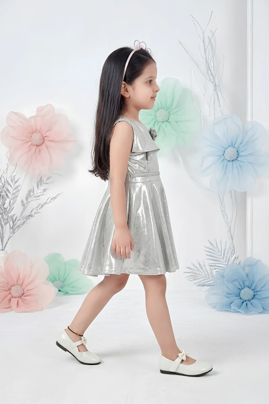 Girls Silver Shimmer One-Shoulder Party Dress TSM30407 - Image 2