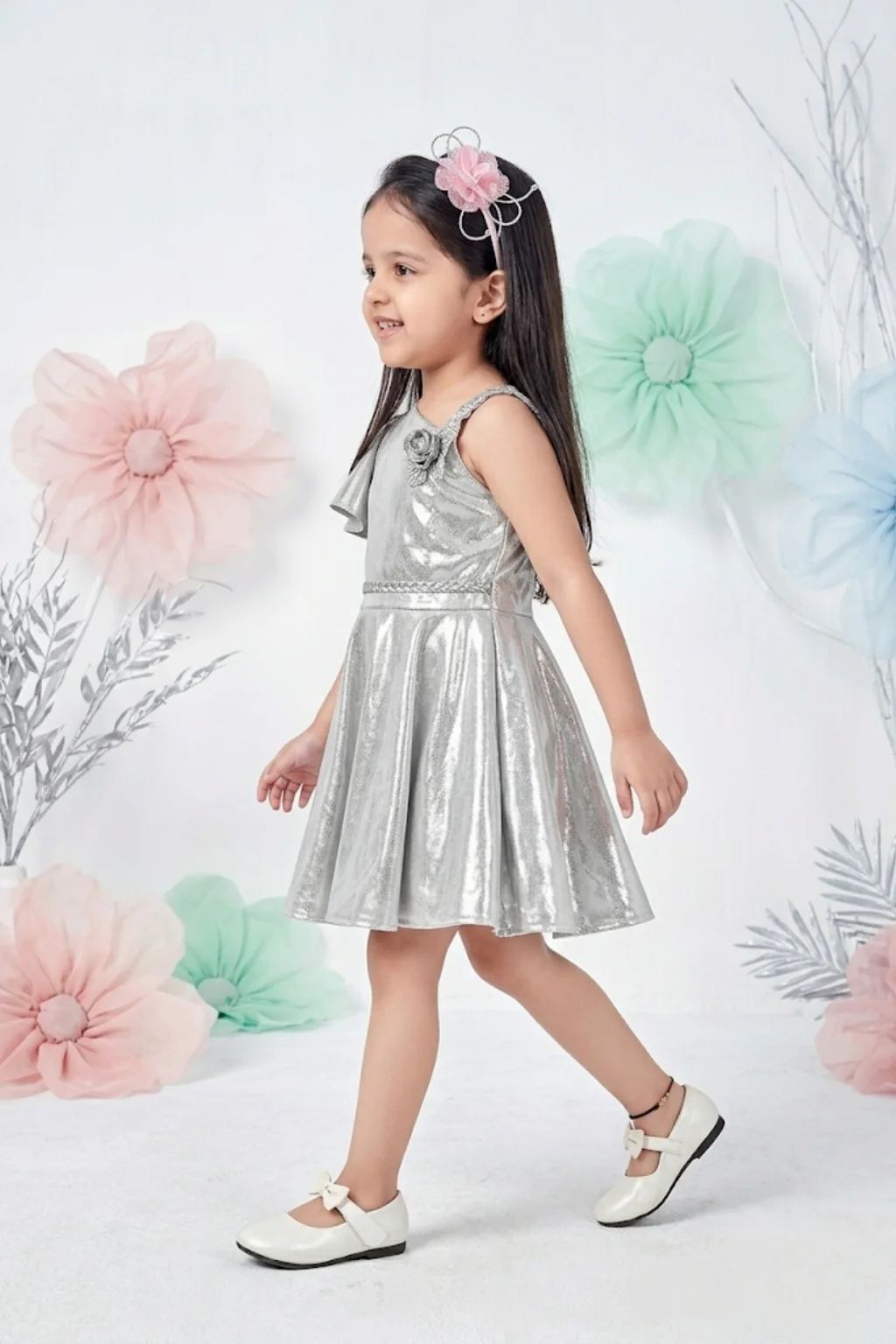 Girls Silver Shimmer One-Shoulder Party Dress TSM30407 - Image 3