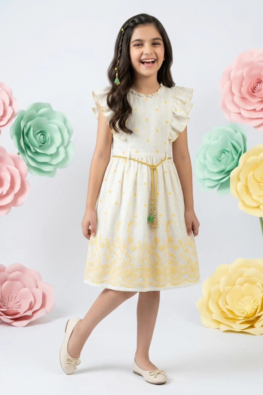 Girls White & Yellow Ruffle Sleeve Dress M2598