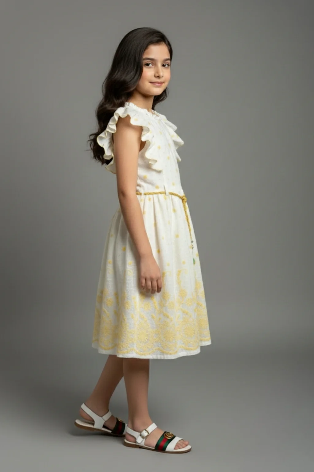 Girls White & Yellow Ruffle Sleeve Dress M2598 - Image 4