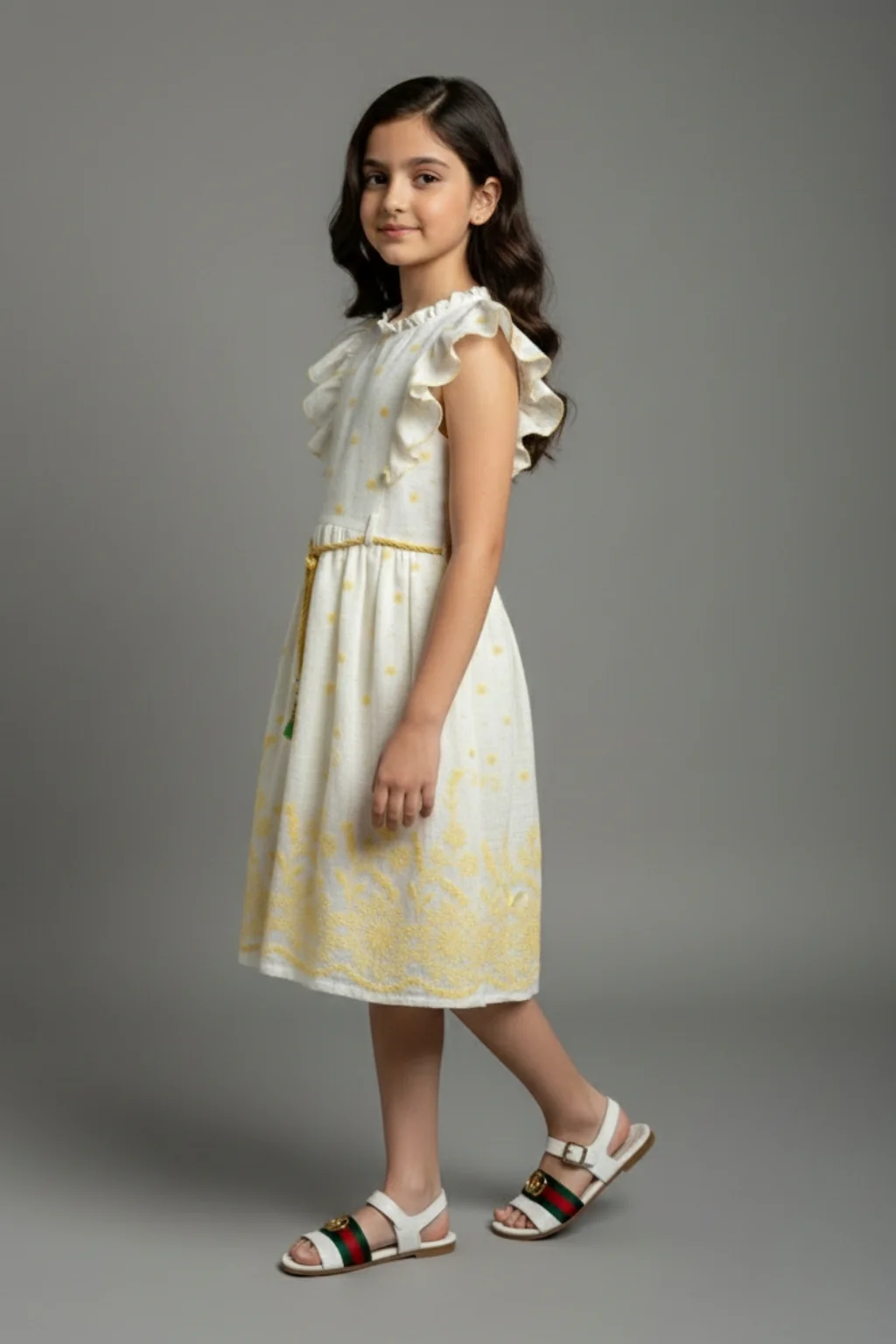 Girls White & Yellow Ruffle Sleeve Dress M2598 - Image 5