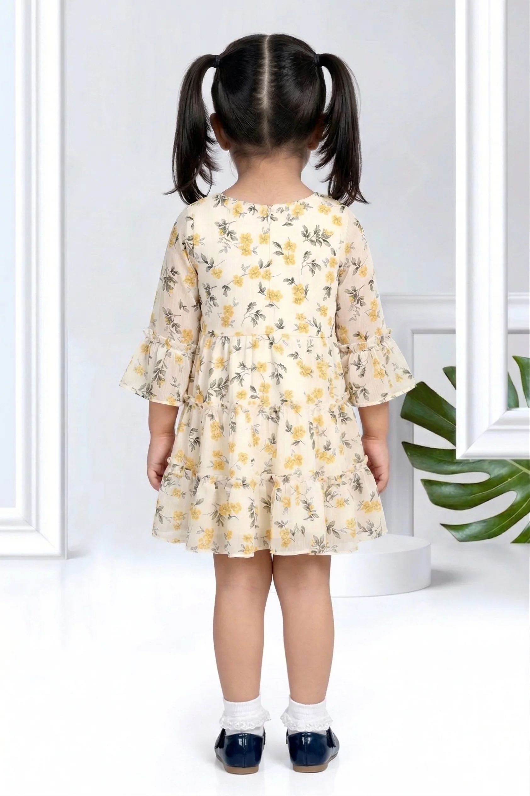 Girls Yellow Floral Bell Sleeve Dress TSM30534 - Image 2
