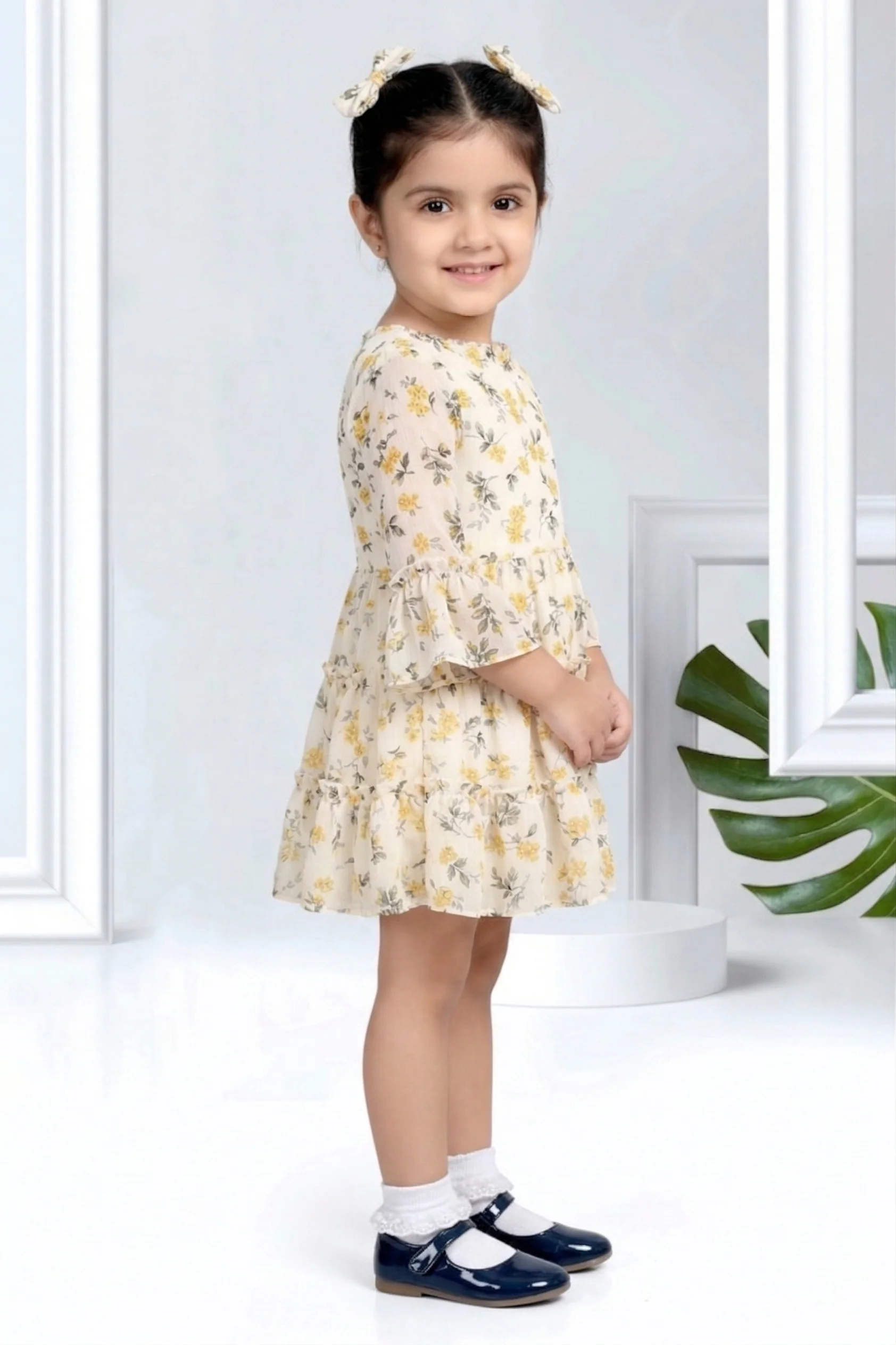 Girls Yellow Floral Bell Sleeve Dress TSM30534 - Image 3