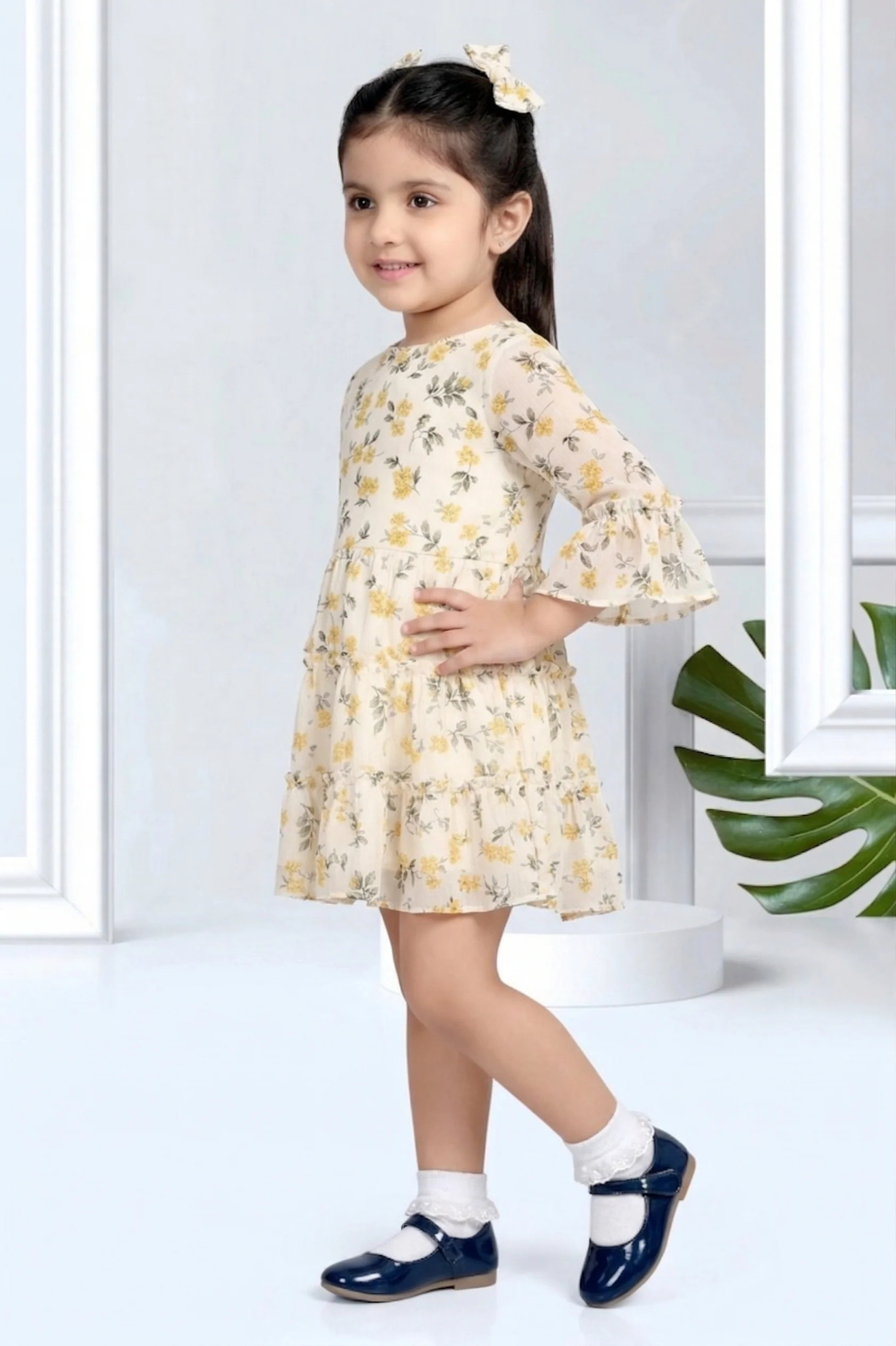 Girls Yellow Floral Bell Sleeve Dress TSM30534 - Image 4